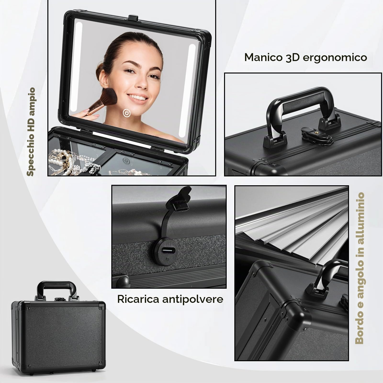 Custodia per trucco da viaggio con specchio a LED Vanity Case con specchio Custodia per trucco Scatola per trucco Divisori regolabili Vassoi pieghevoli per la conservazione dei gioielli, Nero opaco