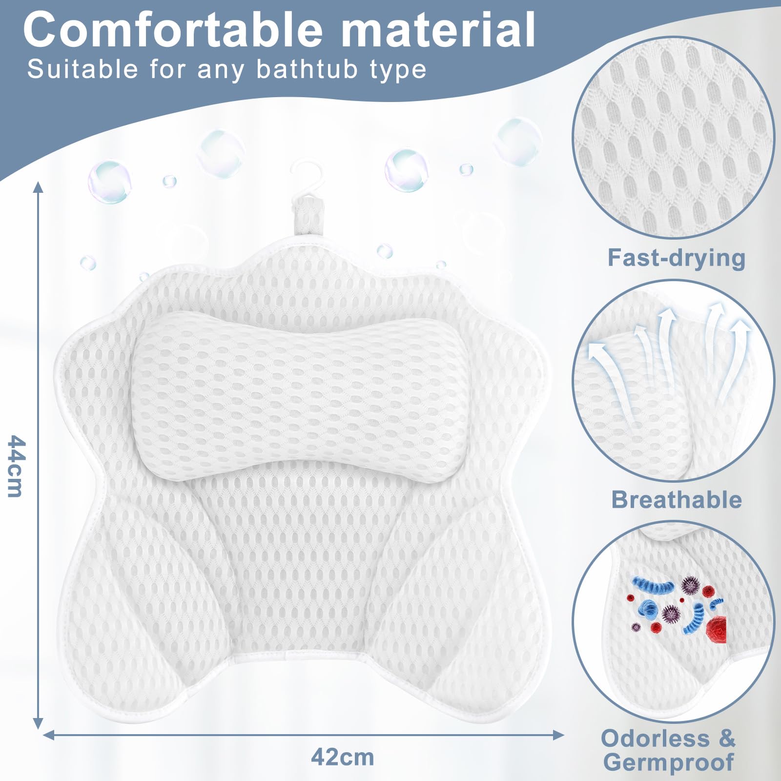RFWR® Ergonomisch Badkussen Voor Optimaal Comfort In De Badkuip Met 6 Zuignappen Ademend 4d Air Mesh