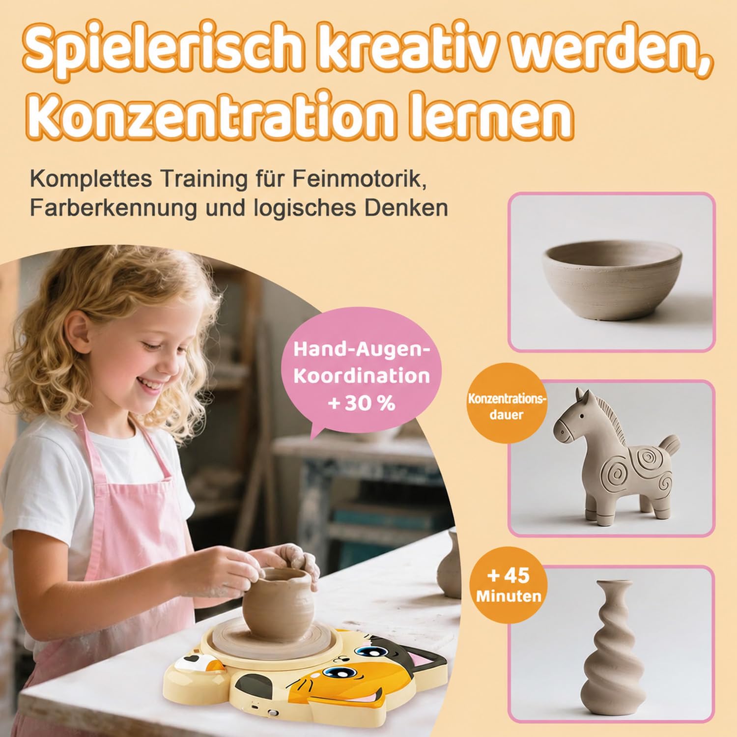 Töpferscheibe für Kinder – Komplettes Töpferstudio Set für Anfänger, Bastelset ab 8-12 Jahren mit 3x Lufttrocknender Ton, Mini Töpferrad Ostergeschenke Kinder für Jungen Mädchen (Katzenmuster)