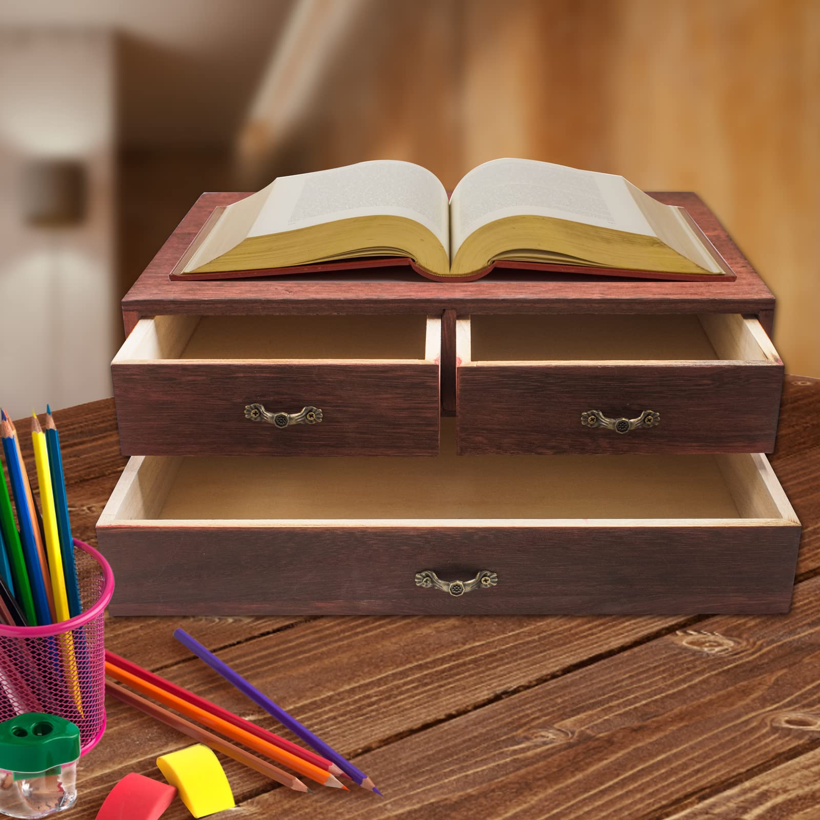 Organizzatore da tavolo in legno 3 cassetti Forniture per Ufficio Organizzatore del Desktop Forniture di archiviazione Organizzatore cassetto da scrivania 33x23x15 cm