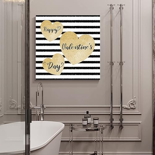 Miniatura 5 de Bathroom Canvas Wall Art Painting Decor Happy Valentines Day Dream Luxury Golden Love Heart Black White Stripes Canvas Prints Modern Artwork