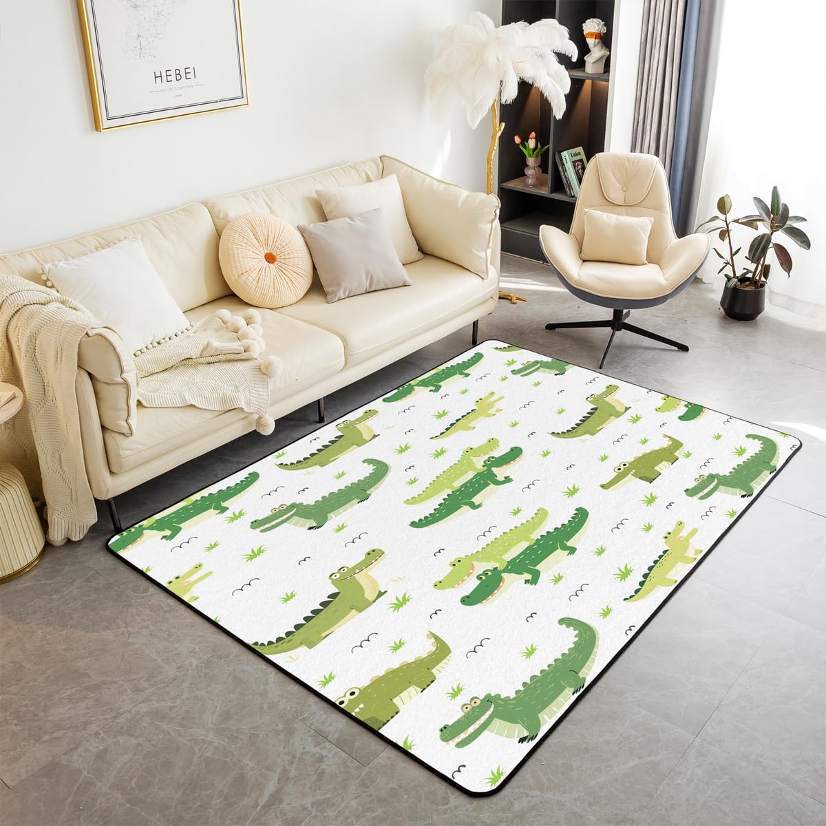 Homewish Krokodil Teppich 100x150 Gras Kinder Jungen Mädchen Jugendliche Teppich Wohnzimmer Hand Gezeichnete Cartoon Crocodile Einfach Carpet Niedliche Grüne Krokodile Grasland Stilvoll Rug