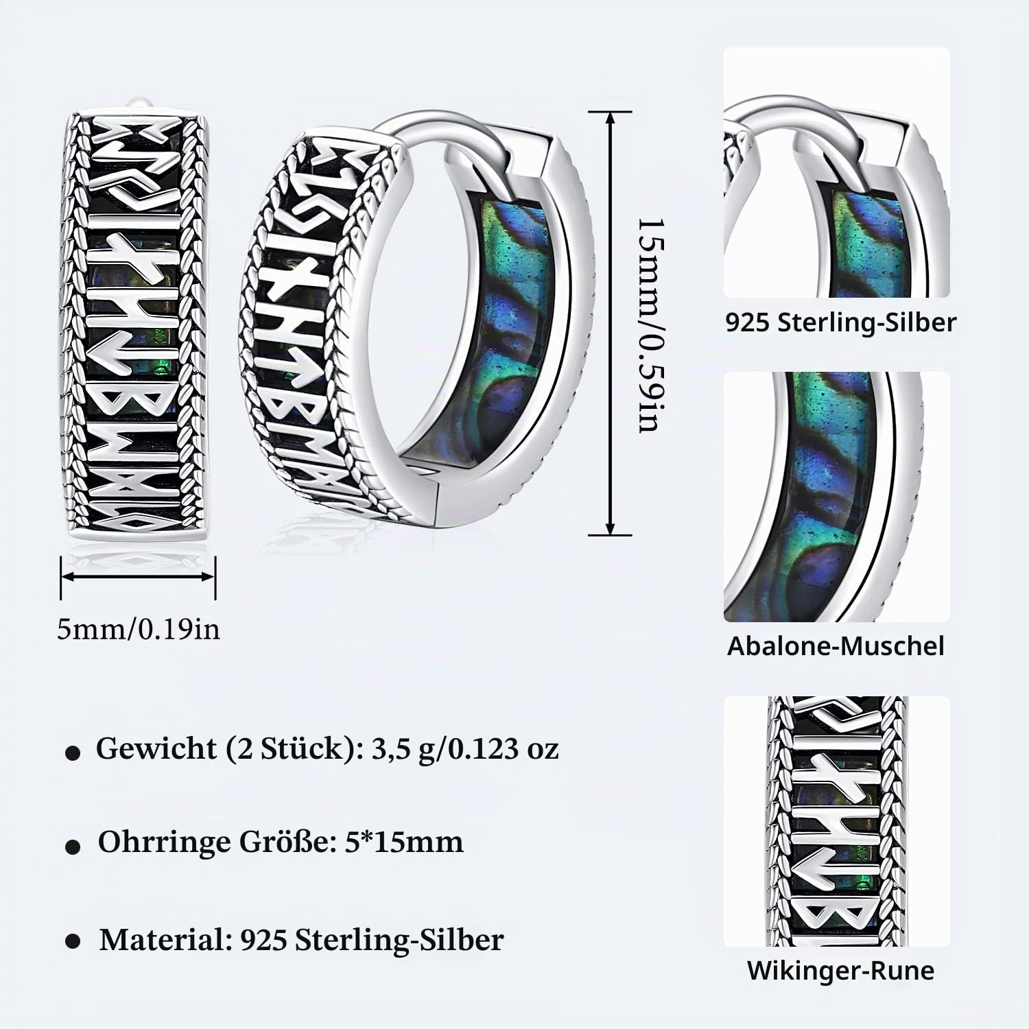 Unisex Sterling Silber 925 Creolen - Viking Rune Ohrringe Klapp Schwarz Klein Ohrschmuck für Frauen, Männer