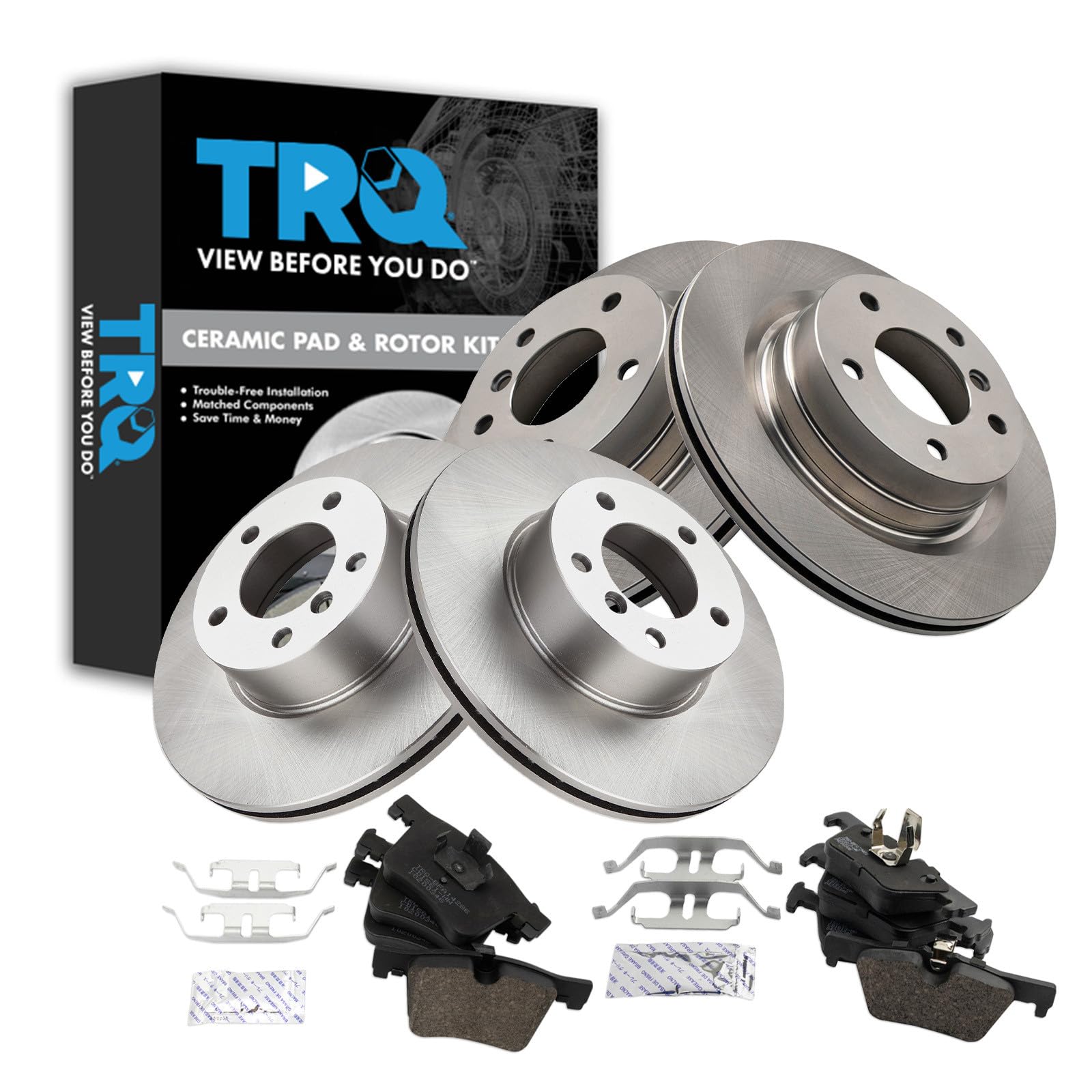 TRQ Front & Rear Brake Pad & Rotor Kit Ceramic Compatible with 14-16 BMW 228i 15-16 228i xDrive 17-21 230i 230i xDrive 13-18 320i 14-18 328d 12-15