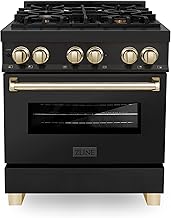 ZLINE Autograph Edition 30 in. 4.0 cu. ft. Legacy Dual Fuel Range with 4 Burner Gas Cooktop and Electric Convection Oven in Black Stainless Steel and Polished Gold Accents (RABZ-30-G)