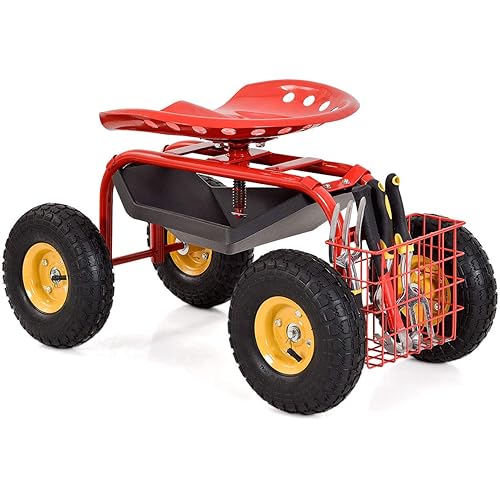IRONMAX Garden Cart with Seat, Heavy Duty Gardening Work Stools w/Height Adjustable Seat & 10’’ Large Wheels, Rolling Garden Scooter for Outdoor Lawn Yard Planting (Red)
