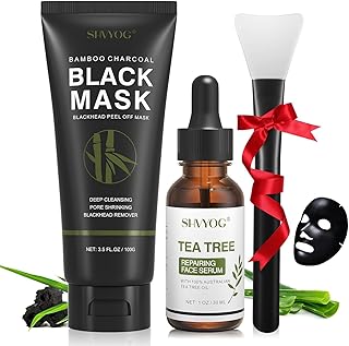 Blackhead Peel Off Face Mask, 3-in-1 Blackhead Remover Mask with Brush & Tea Tree Oil Serum, Charcoal Mask for Deep Cleansing Dirts, Pores, Skin Oil (100g+30ml)