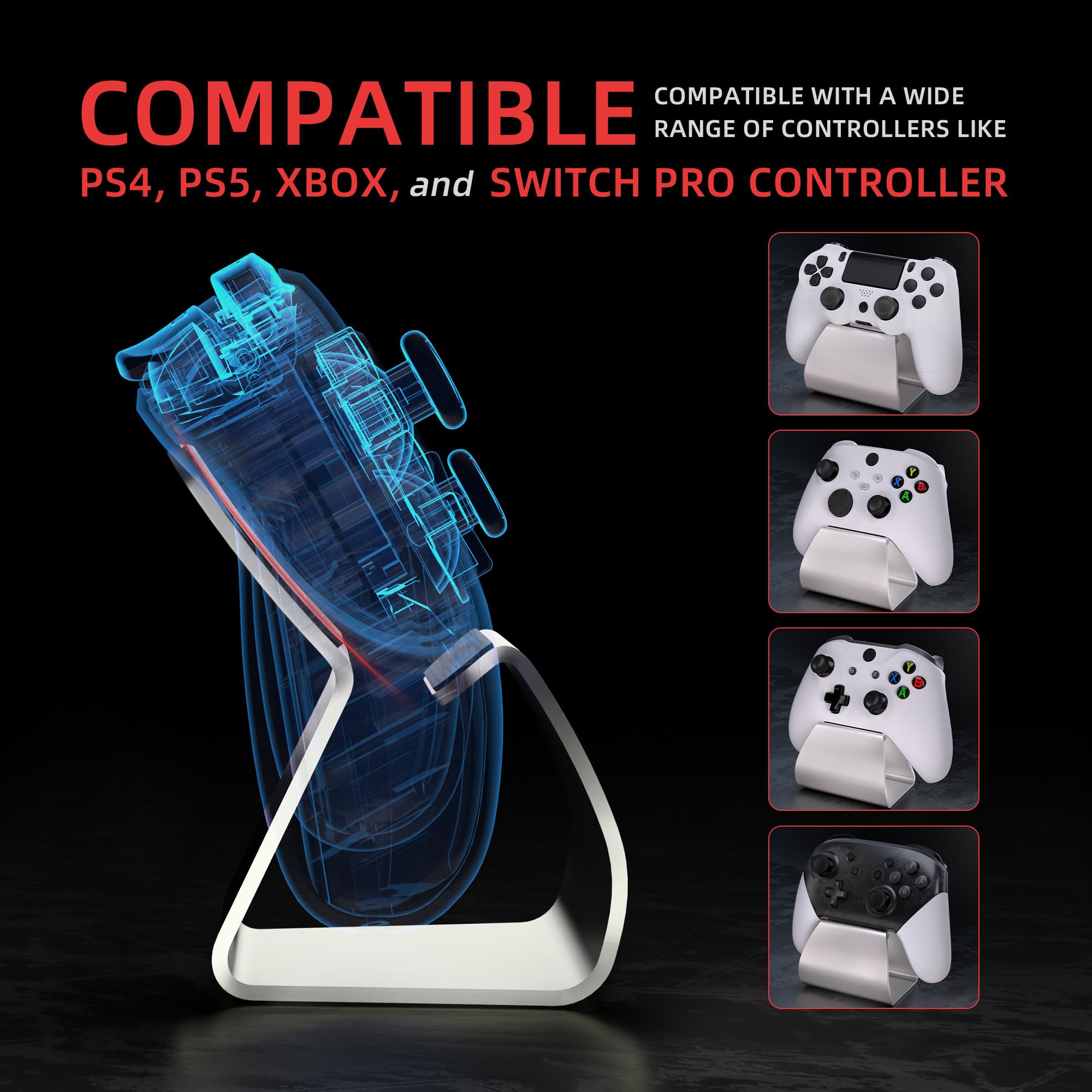 playvital Supporto Metallo per ps5/Edge Controller,Porta Joystick per ps4,Stand-AL Base Universale da Tavolo per Xbox Series/One X S,per Nintendo Switch Pro Joypad-Argento