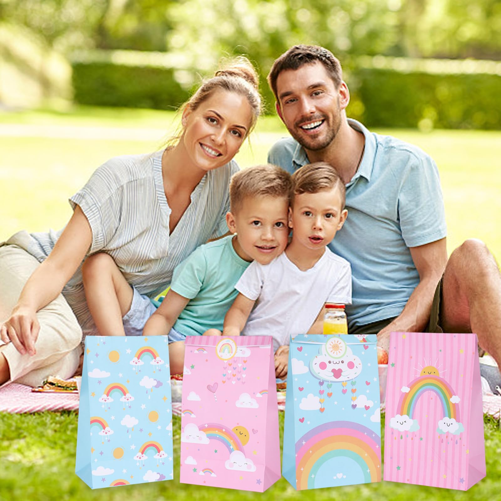 GOTFUN 10 Sacchetti Regalo Arcobaleno Per Bambini | 22x16x8 Cm In Carta Kraft | Per Caramelle, Bomboniere E Feste Di Compleanno | 5 Colori Vivaci Con Nuvole