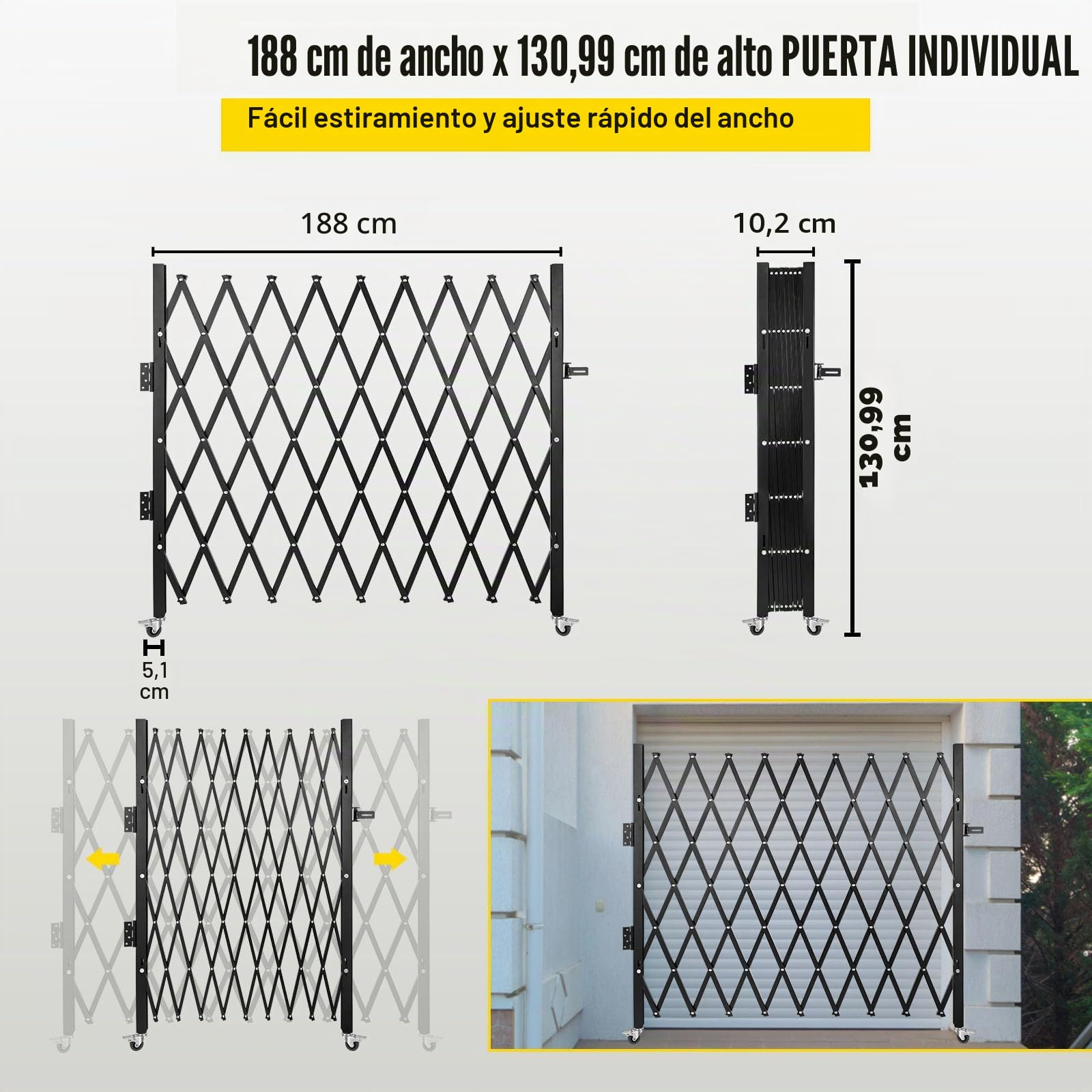 VEVOR Barrera de Seguridad Extensible Plegable Simple, 1,9 m H x 1,26 m L, Valla de Escalera de Acero, rodante a 360°, Barrera de Tijera o Puerta con Cadenas, para casa sótano de Garaje, Negro
