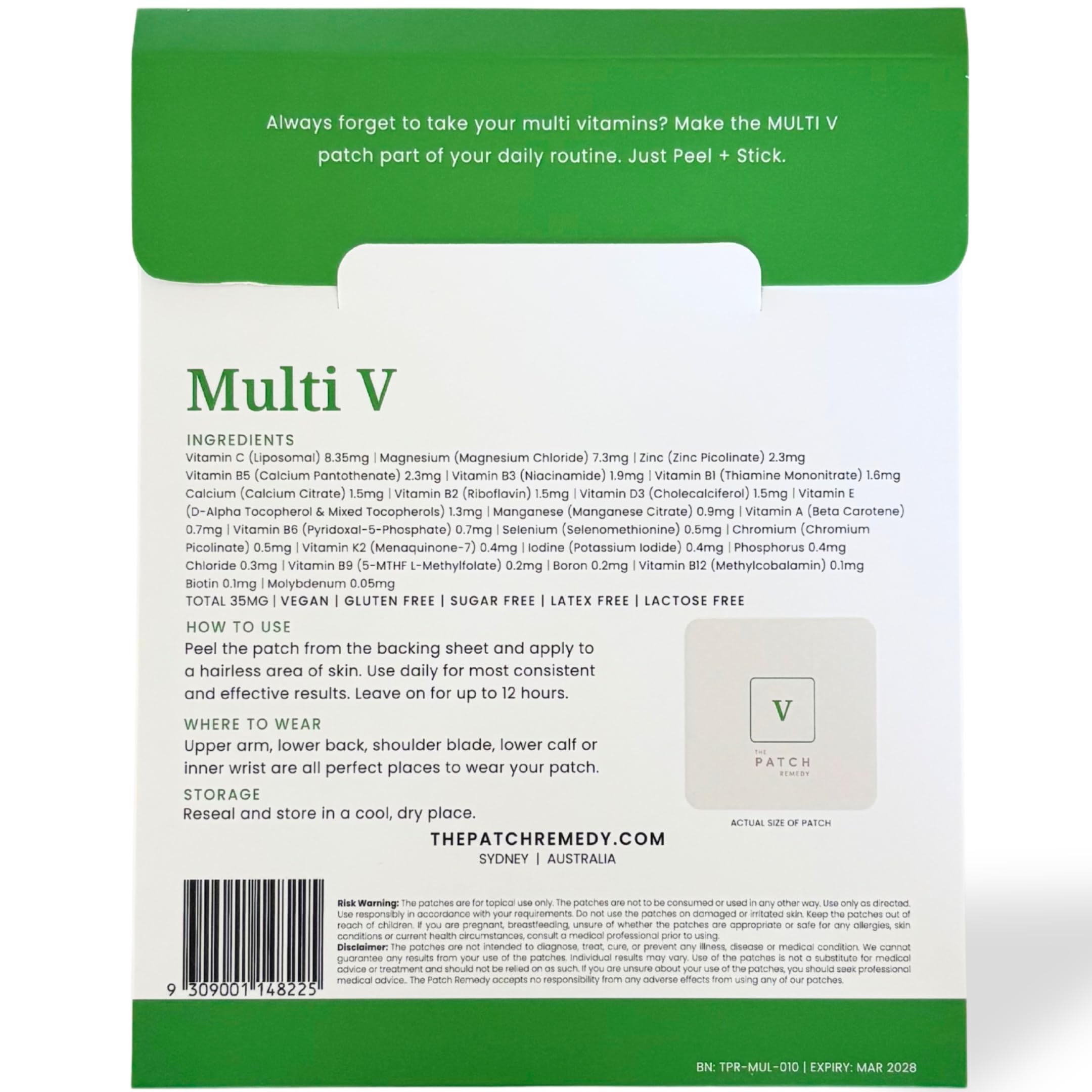 The Patch Remedy Multi V Patches - Vitamin Plus Blend with D3, K2, Magnesium Chloride, Zinc, Liposomal C, Potassium, Iodide, Biotin Plus More — Amazon image 2