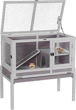Aivituvin Wooden Guinea Pig Cages Indoor with Removable Stand, Anti Chewing Rabbit Hutch with Ramp and Wire Mesh, 2 Story Small Animals House Habitat with Pull Out Tray Gray&Purple