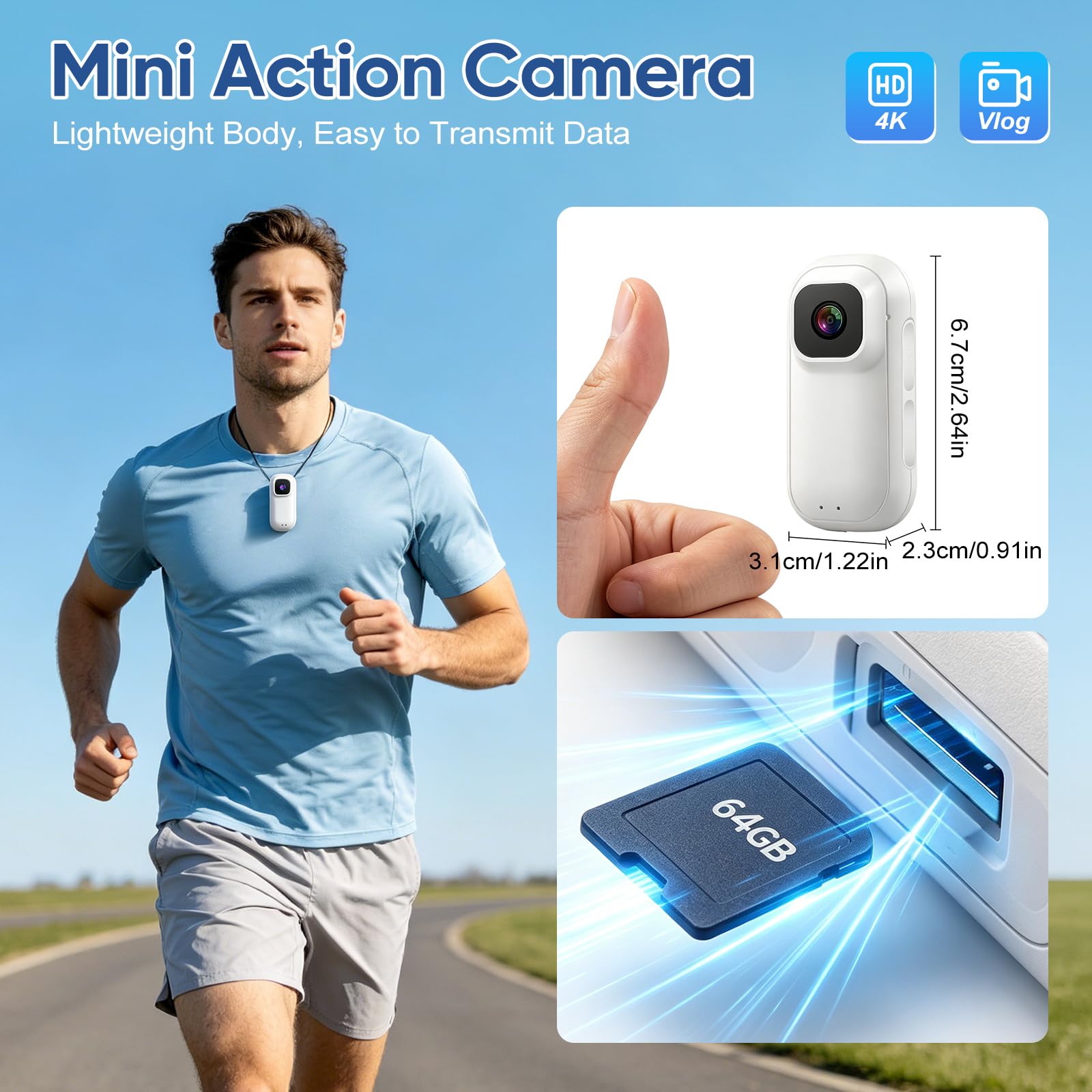 Mini Cámara Deportiva 4K, Camara Moto, Body CAM Impermeable, POV Camera con Tarjeta de 64GB para Esquí Natación Vida Diaria Ciclismo