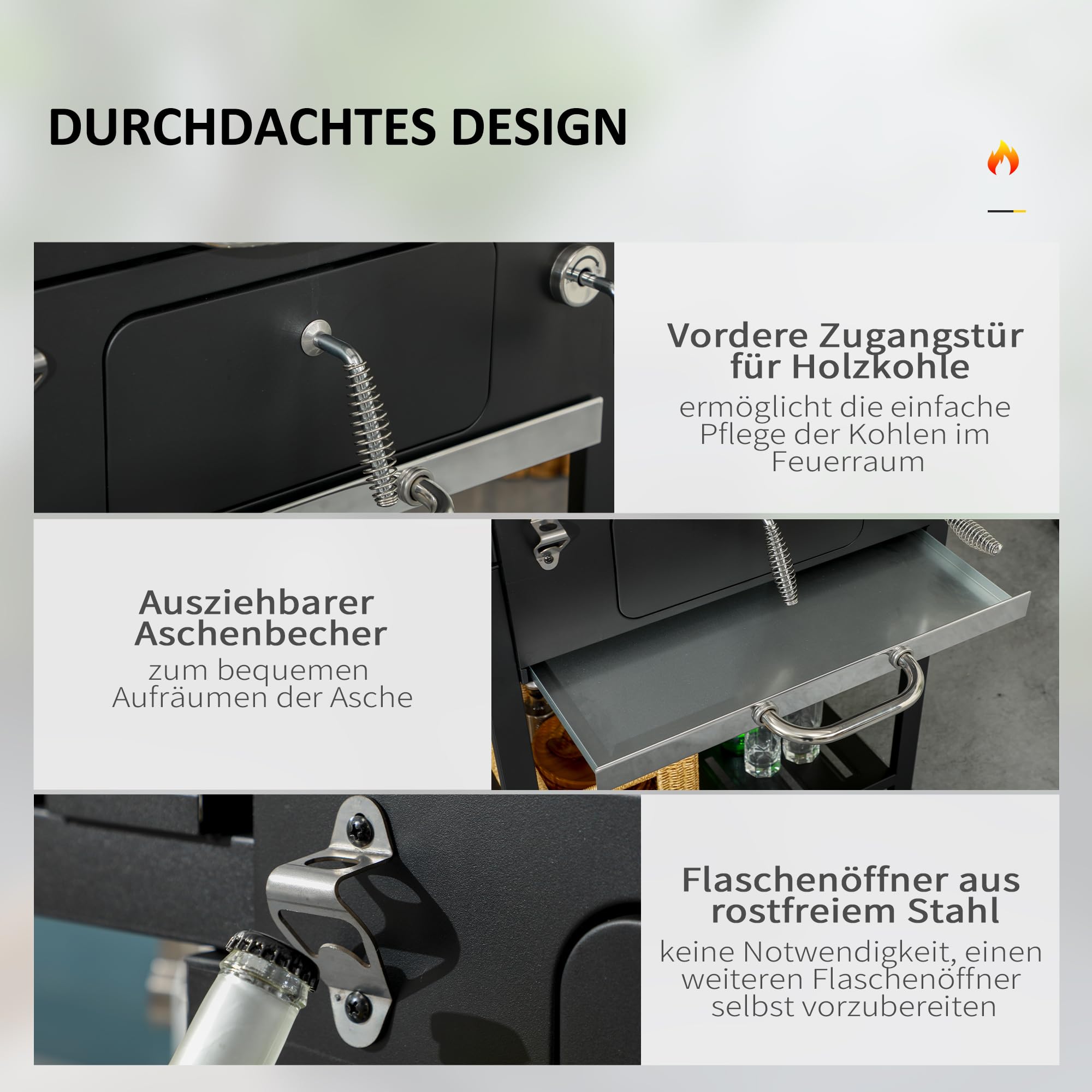 Outsunny Grill na węgiel drzewny, grill kempingowy z dwoma rusztami do grillowania, składana półka boczna, wózek z regałem, uchwyt do BBQ, stal nierdzewna, czarny, 120 x 64 x 114 cm