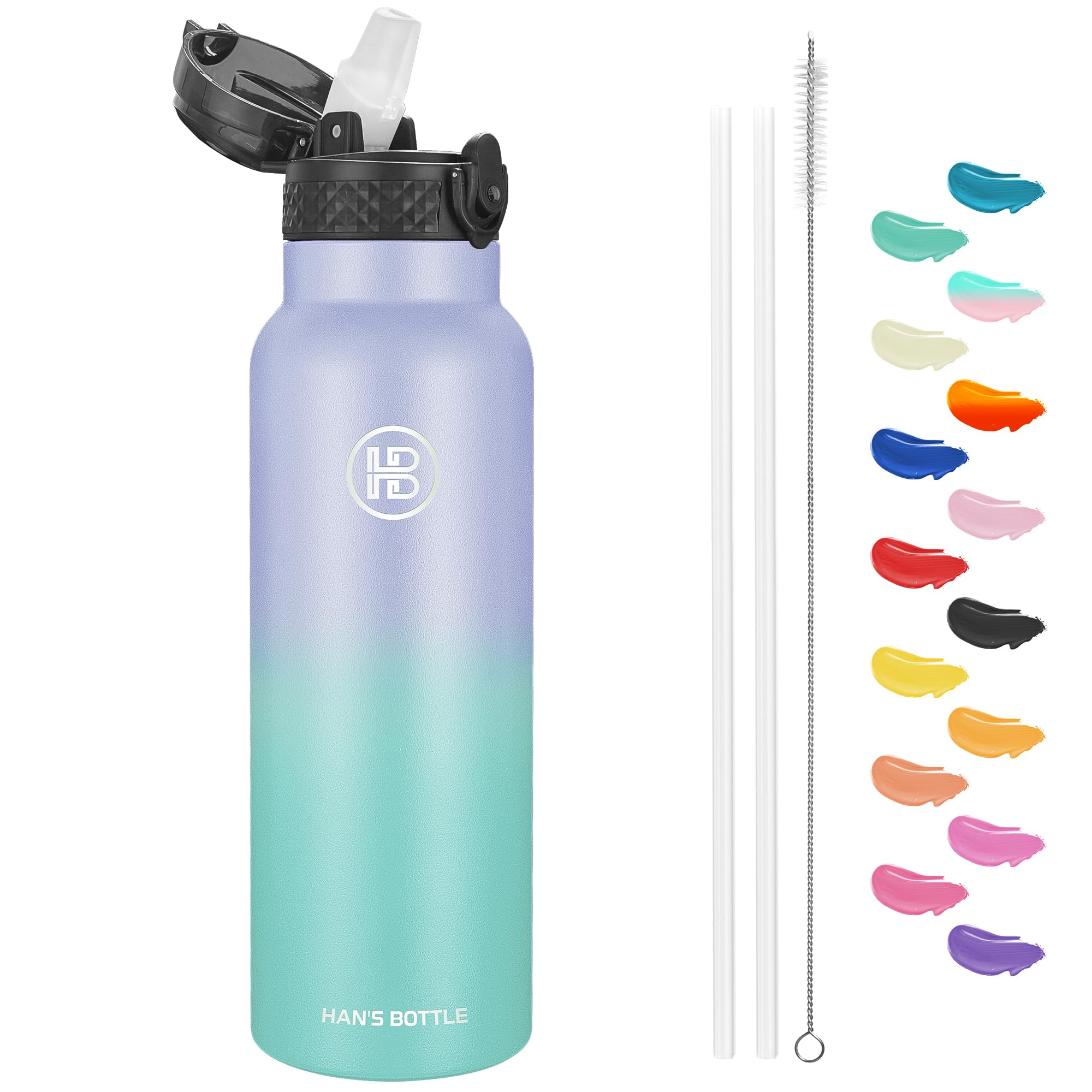 Han's Bottle Sports Water Bottle - 24 Oz, Straw Lid, Leak Proof, Vacuum Insulated Stainless Steel, Double Walled, Thermo Mug,Lilac green