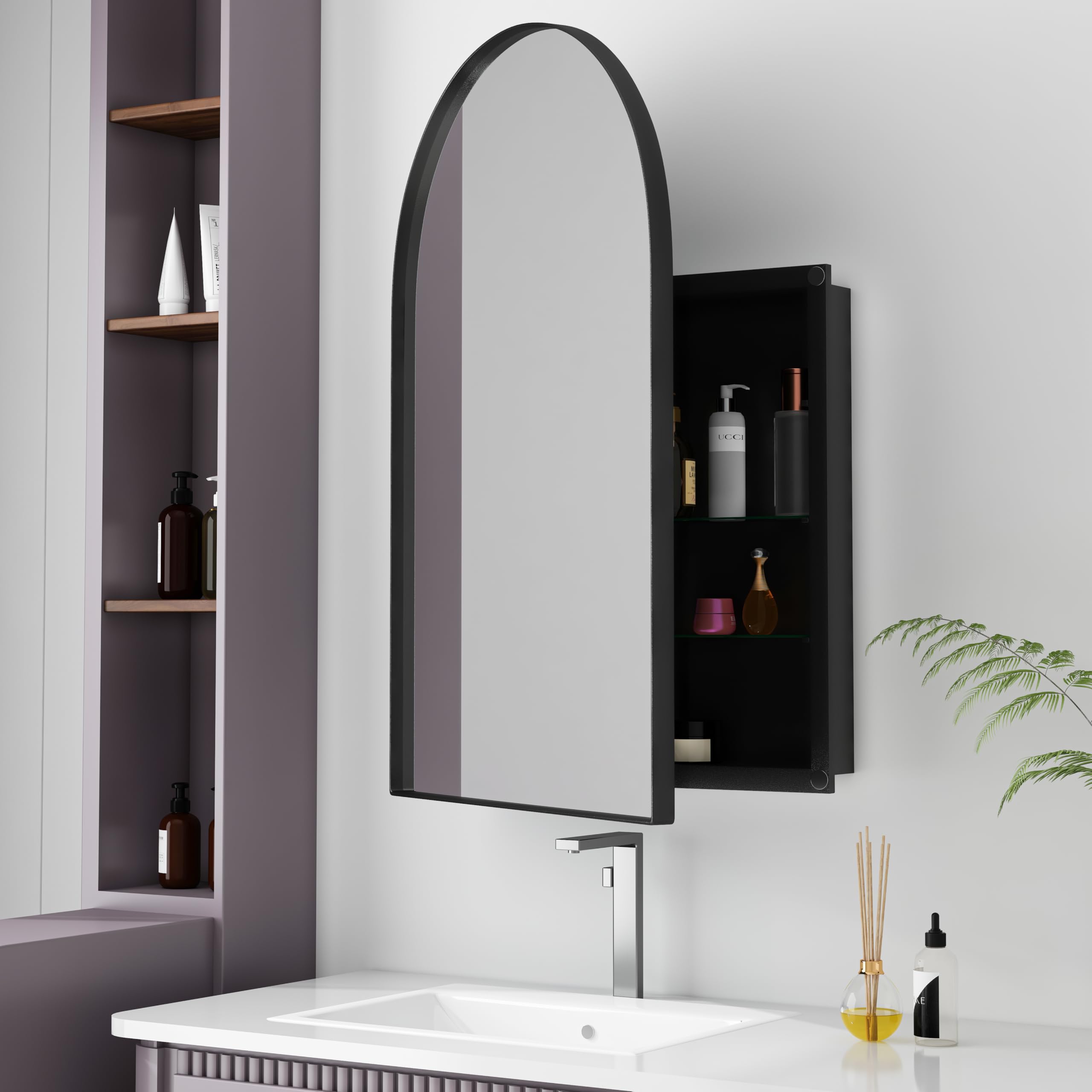 MURUL Armario con espejo de arco redondo negro con marco de metal, espejo y estantes ajustables – para baño, salón y dormitorio