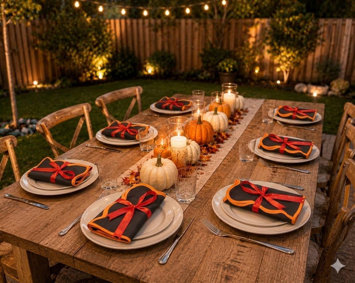 Scallop Cloth Napkins,Elegant Halloween Table Decor (Black and Orange)