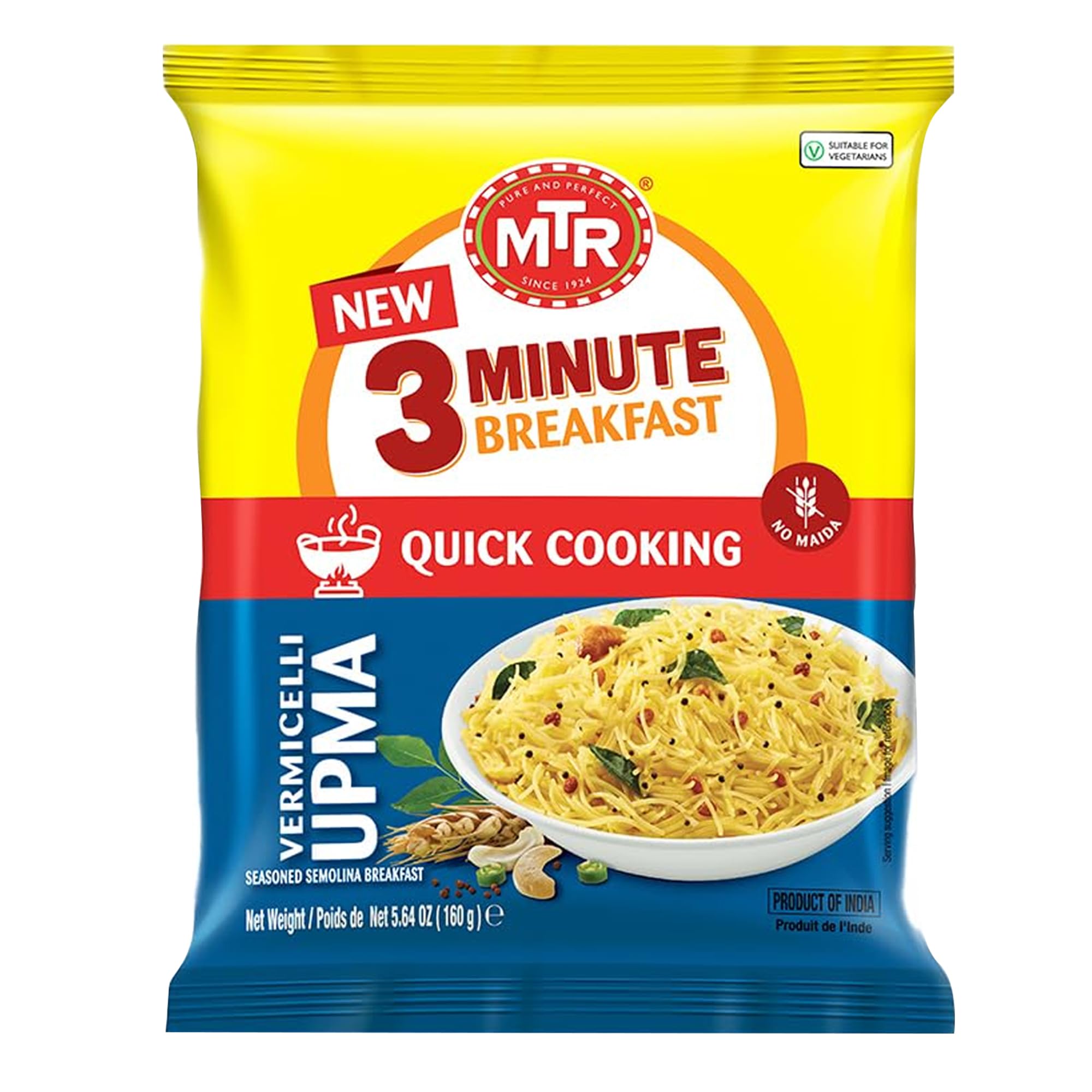 MTR 3minute Seviyan Vermicelli Upma - Ready-to-Cook Mix - Authentic Indian Food in Just 3 Minutes - 100% Vegetarian - No Added Preservatives - Just Add Hot Water - Quick & Easy (Seviyan Vermicelli Upma - 160g, Pack of 6)