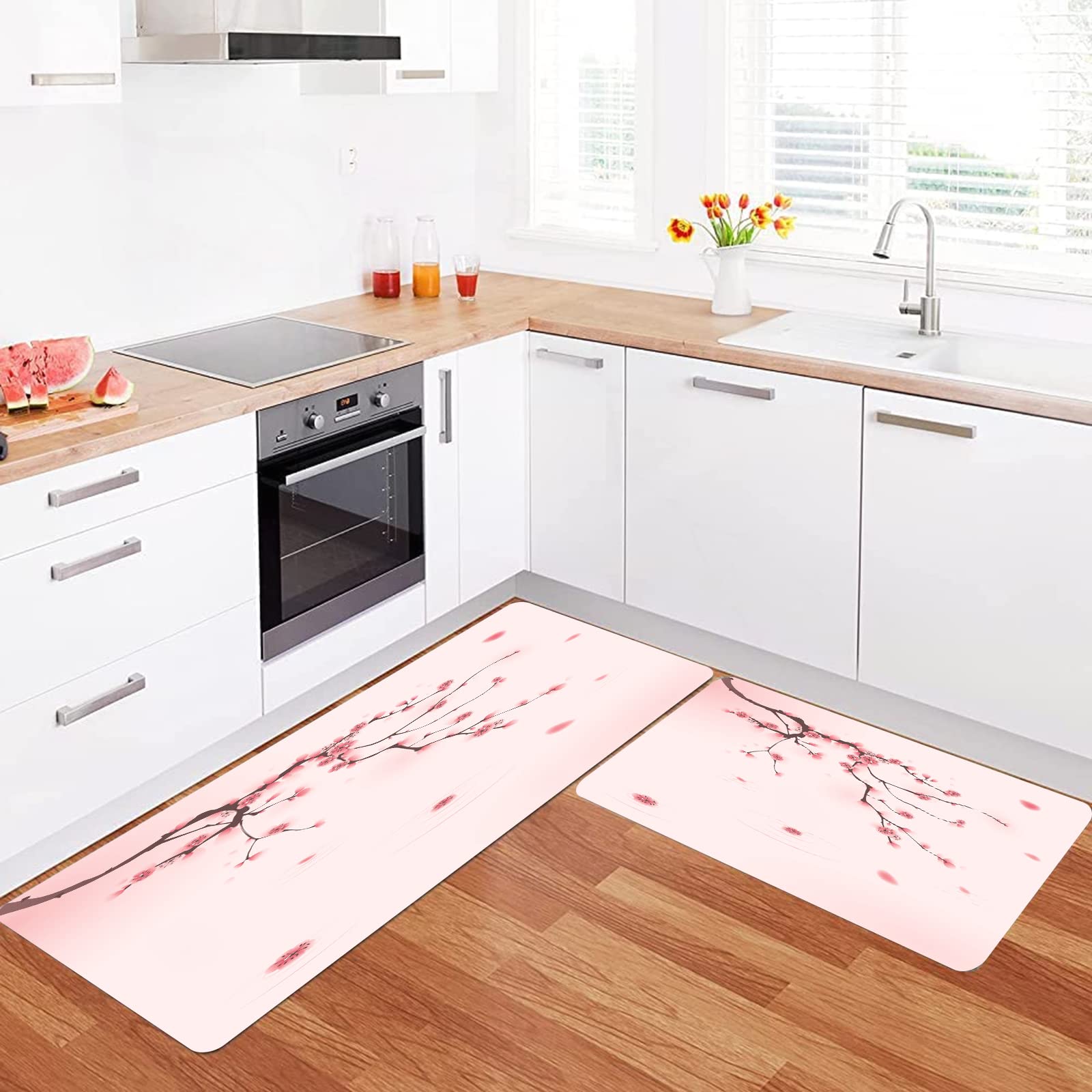Lot De 2 Tapis De Cuisine Japonais – Fleurs De Cerisier Montagne, 40x60 Cm + 40x120 Cm, Antidérapants, Lavables, Anti-graisse – Pour Cuisine, Bureau Ou Entrée