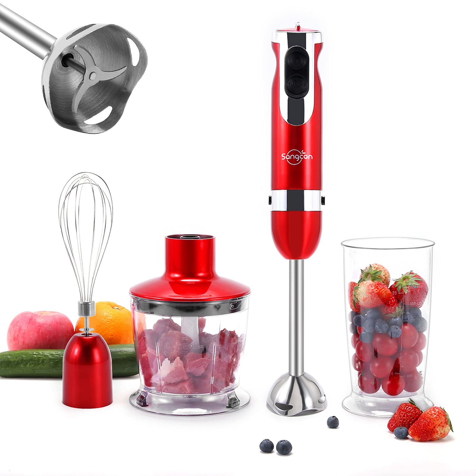 Sangcon 3 IN 1 Hand Blender and Food Processor Combo for Kitchen, Stick Blender Mixer with Hand Whisk and Immersion Blender and Food Chopper, Hand Blenders with 12-Speed and Turbo, BPA Free