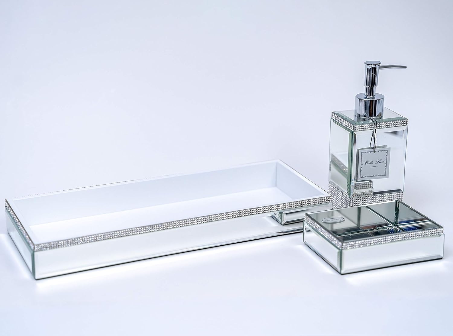 Buy Bella Lux Luxury Collection Mirror With Accent Jeweled Rhinestones Bathroom Kitchen Soap Dispenser With Soap Dish And Make Up Jewelry Tray Set Online In Tunisia B08zdrj6tn