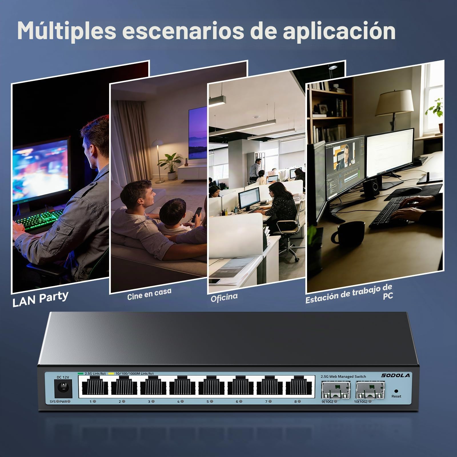 SODOLA Interruptor de 10 puertos de 2,5 GB de fácil gestión web, 8 puertos Base-T de 2,5 G, 2 x 10 G SFP+, conmutador Ethernet multiGigabit sin ventilador para AP inalámbrico, NAS, PC