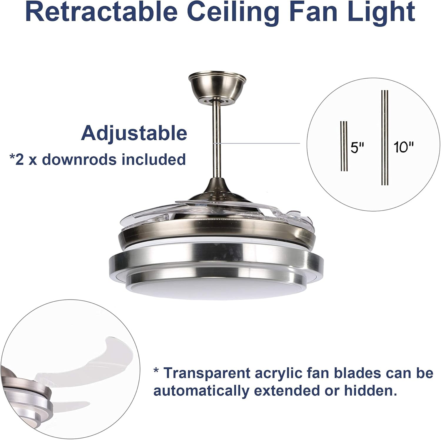 N/A 42inch Retractable Ceiling Fan with LED Light and Remote Control, Retractable Blades, 3 Color Dimmable Modern Ceiling Fan for Bedroom/Living Room/Dining Room Nickel 42 Inch