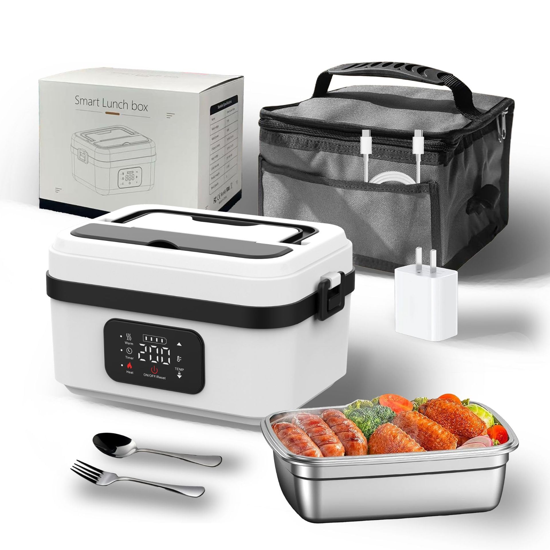 Cordless Electric Lunch Box for Adults, 1L Portable Self Heating Lunchbox with Fork Spoon & Carry Bag, stainless steel Food Warmer, for Work Office Picnic Car Camping Travel & Outdoor White and black