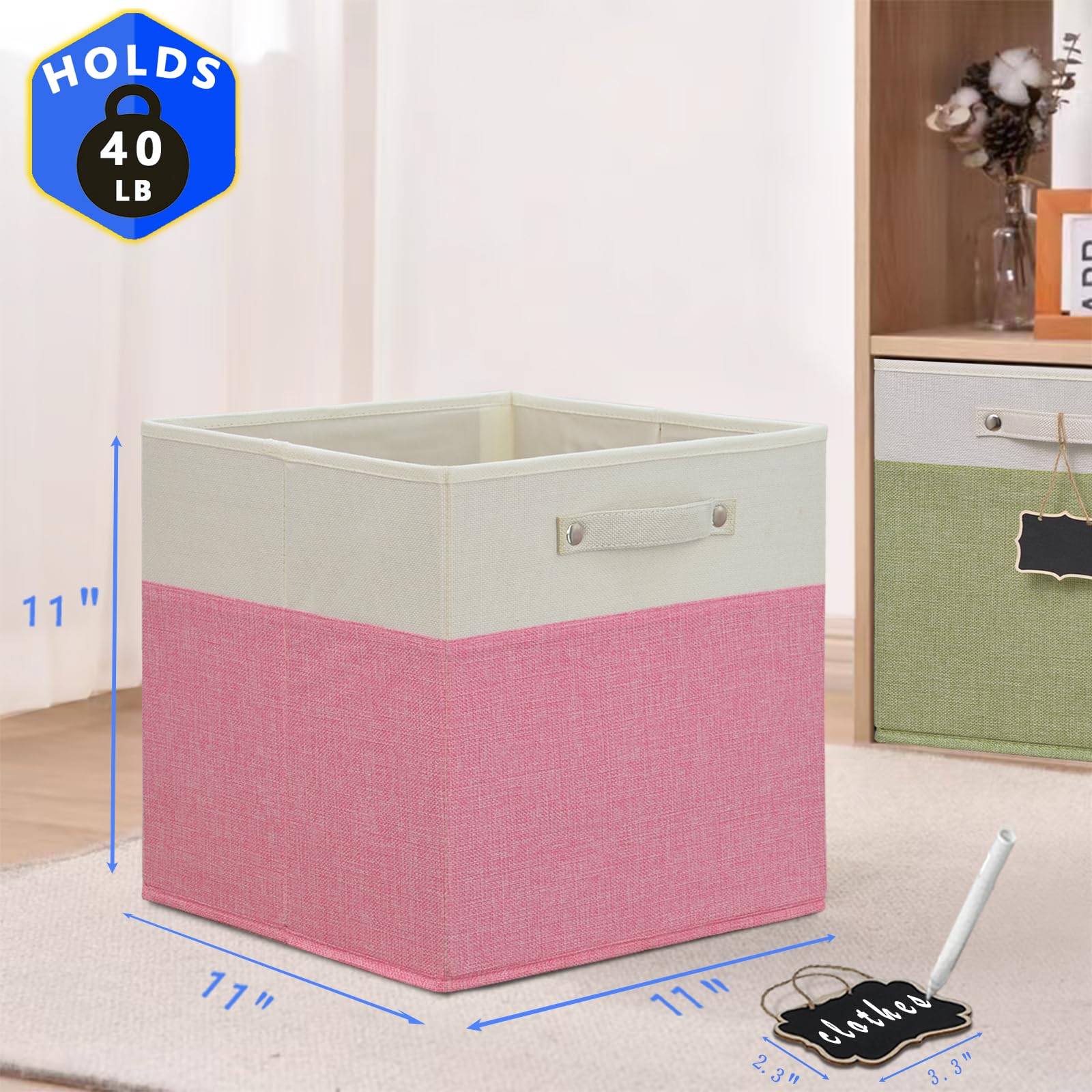 Cubi portaoggetti, 11 x 11 x 11 cm, cubi portaoggetti pieghevoli in tessuto con etichette, confezione da 4, contenitori per organizzare mensole e giocattoli della scuola materna (bianco rosa).