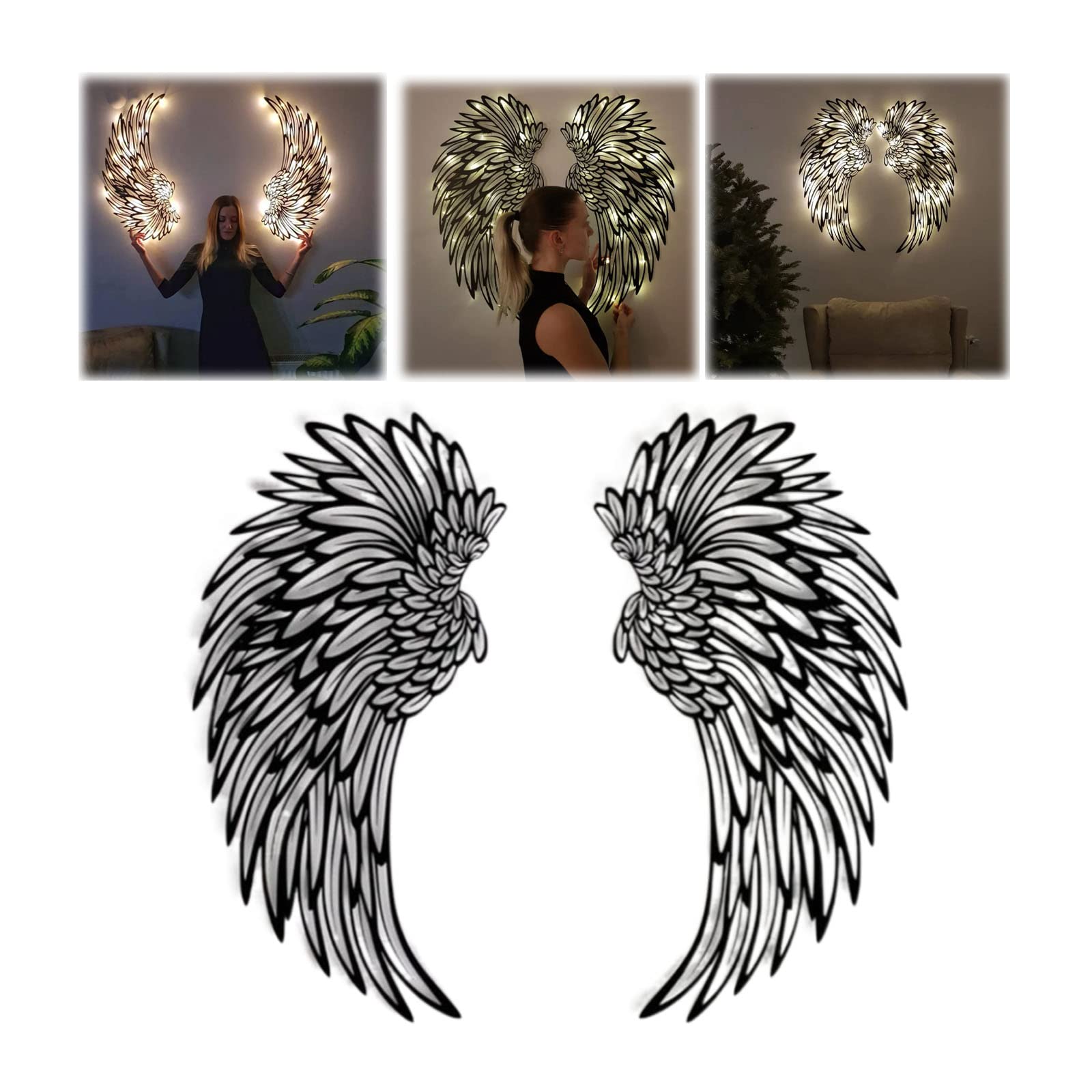 1 Pair Angel Wings Metal Wall Art Decor with Led Lights, 2023 New 3D Angel Wings Wall Sculptures Decor, DIY Metal Wall Art Hanging Decor, for Home