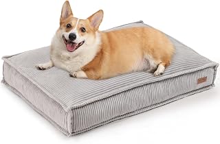 FUKUMARU Dog Bed, Thick Corduroy Dog Bed with Washable Cover, Large Waterproof Cotton Dog Bed for Cage, Cozy Fuzzy Pet Cushion with Anti-Slip Bottom, 91x63.5x14cm, Light Grey