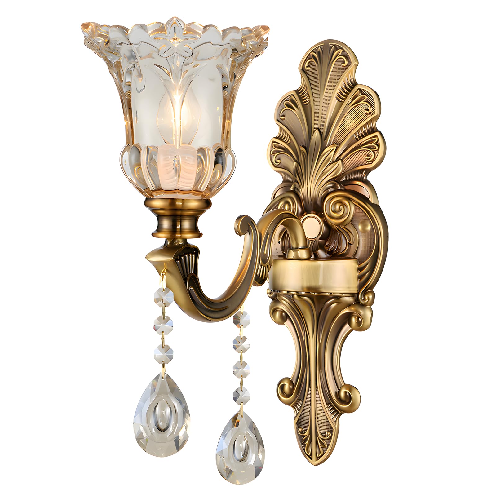 Vintage Floral Wall Mount Lamp 1 Head Crystal Glass Shade Wall Sconce Light Retro Golden Bronze Color Decoration Metal Wall Lamp, Bedside Living Room Restaurant Stairs Hotel Bars (E14 Base, No Bulb)