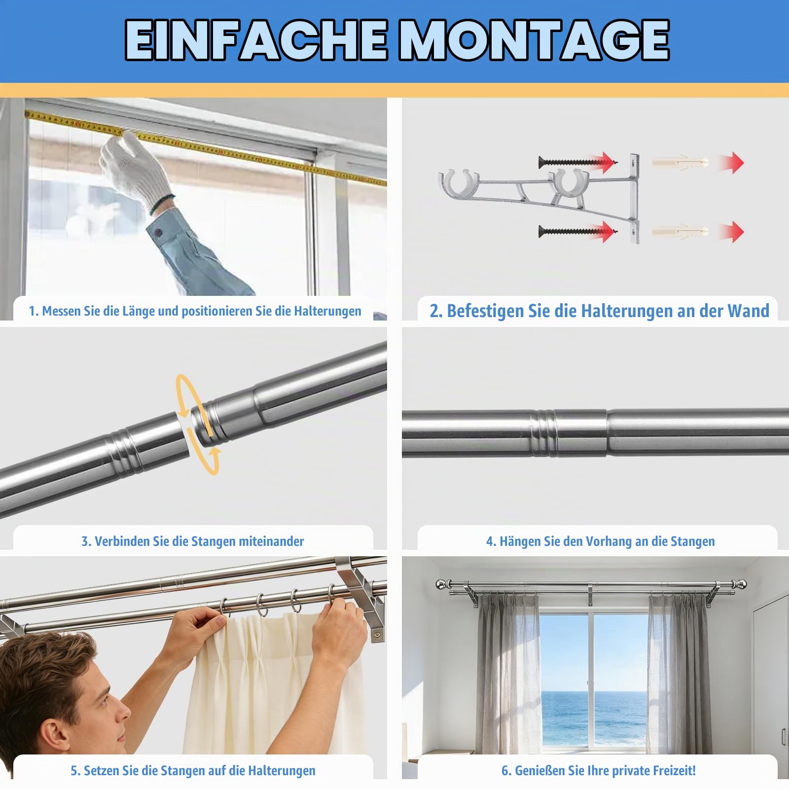 Doppelte Gardinenstangen, 2,5 cm schwere doppelte Fensterstangen, 76–366 cm verstellbare Gardinenstangen für Glasschiebetüren, Terrassen, Schlafzimmer, silber