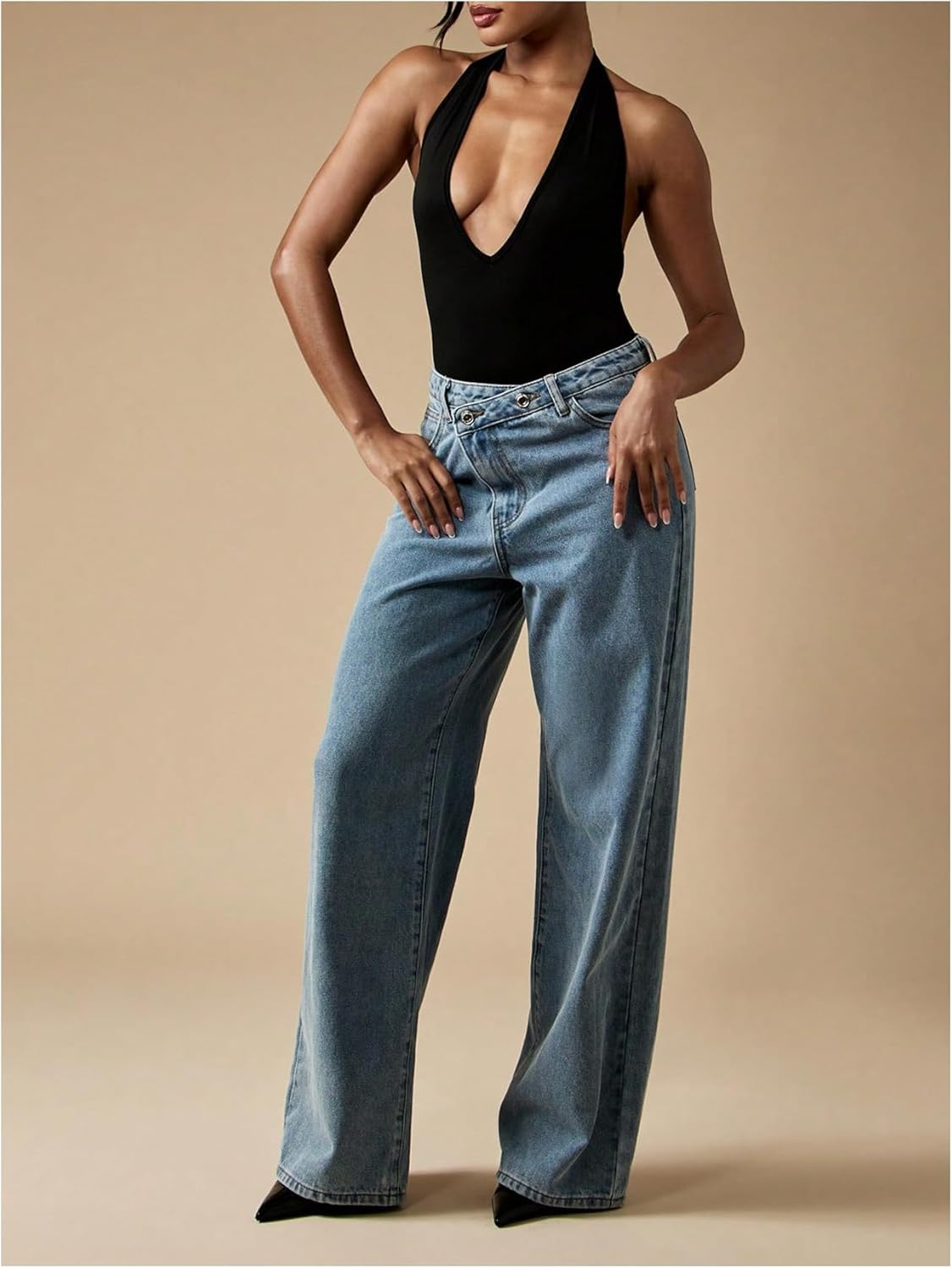 Milumia Women's Deep V Neck Halter Bodysuit Sleeveless Open Back Going Out Party Leotard - Image 5