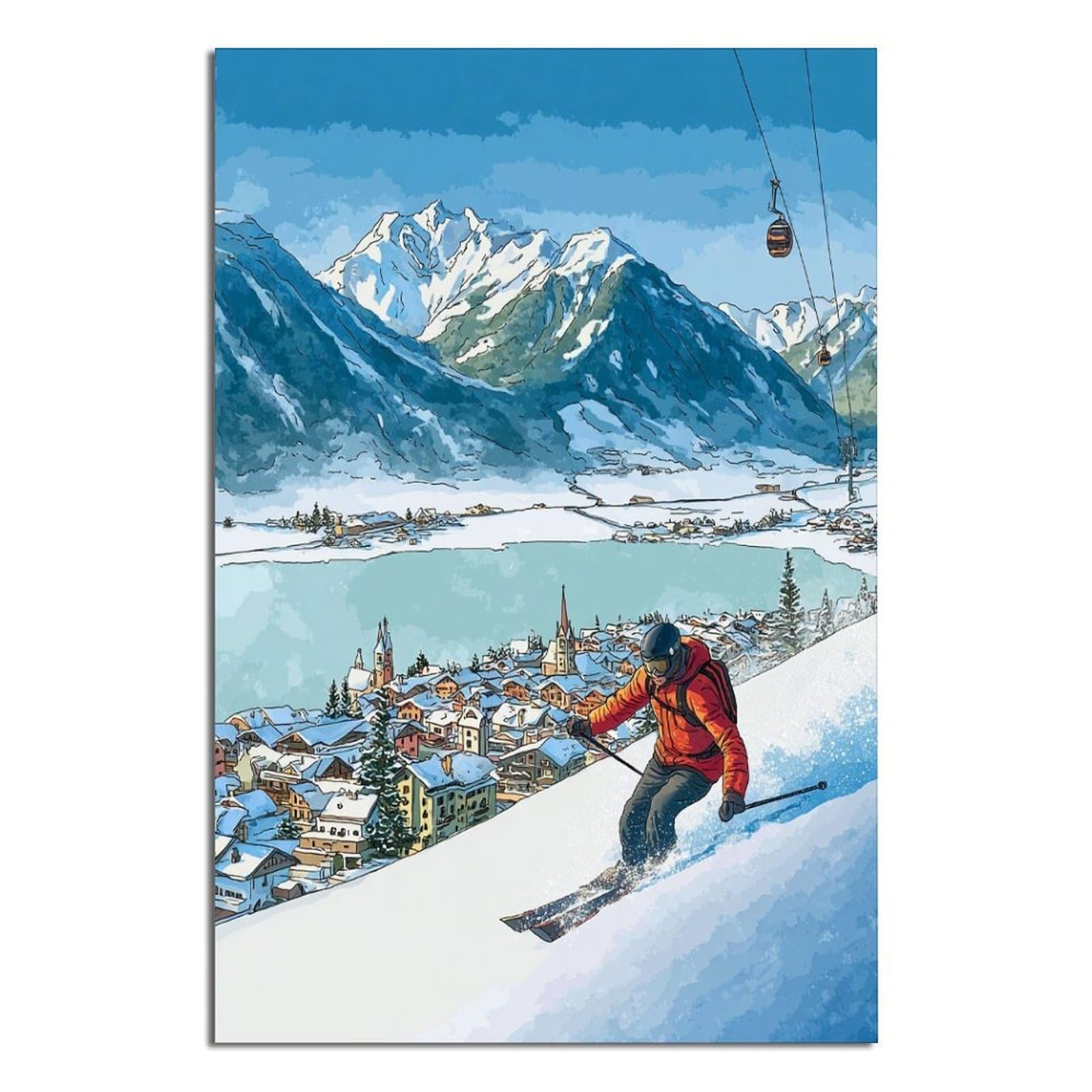 iPuzou Zell Am See Austria Ski Poster 24x36inch(60x90cm) Vintage Watercolor Canvas Art