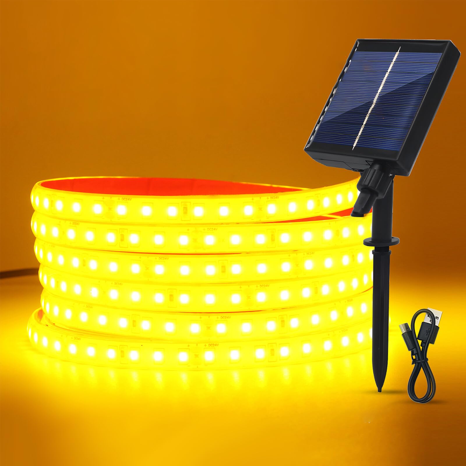 GQL 24V Solar/USB LED Strip Lights - IP68 Waterproof 2835 SMD 120LEDs/m, 8-Mode Controller for Indoor Outdoor Decoration (Yellow,0.5m) — image 1