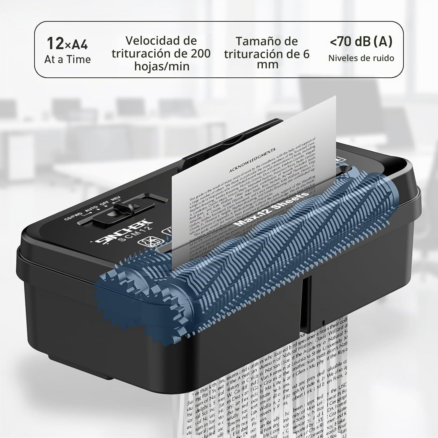 Destructor de Documentos, Corte en Tiras de 12 Hojas, Destructor de CD/Tarjetas de crédito, con protección contra sobrecalentamiento, Papelera de 14 l para Oficina en casa