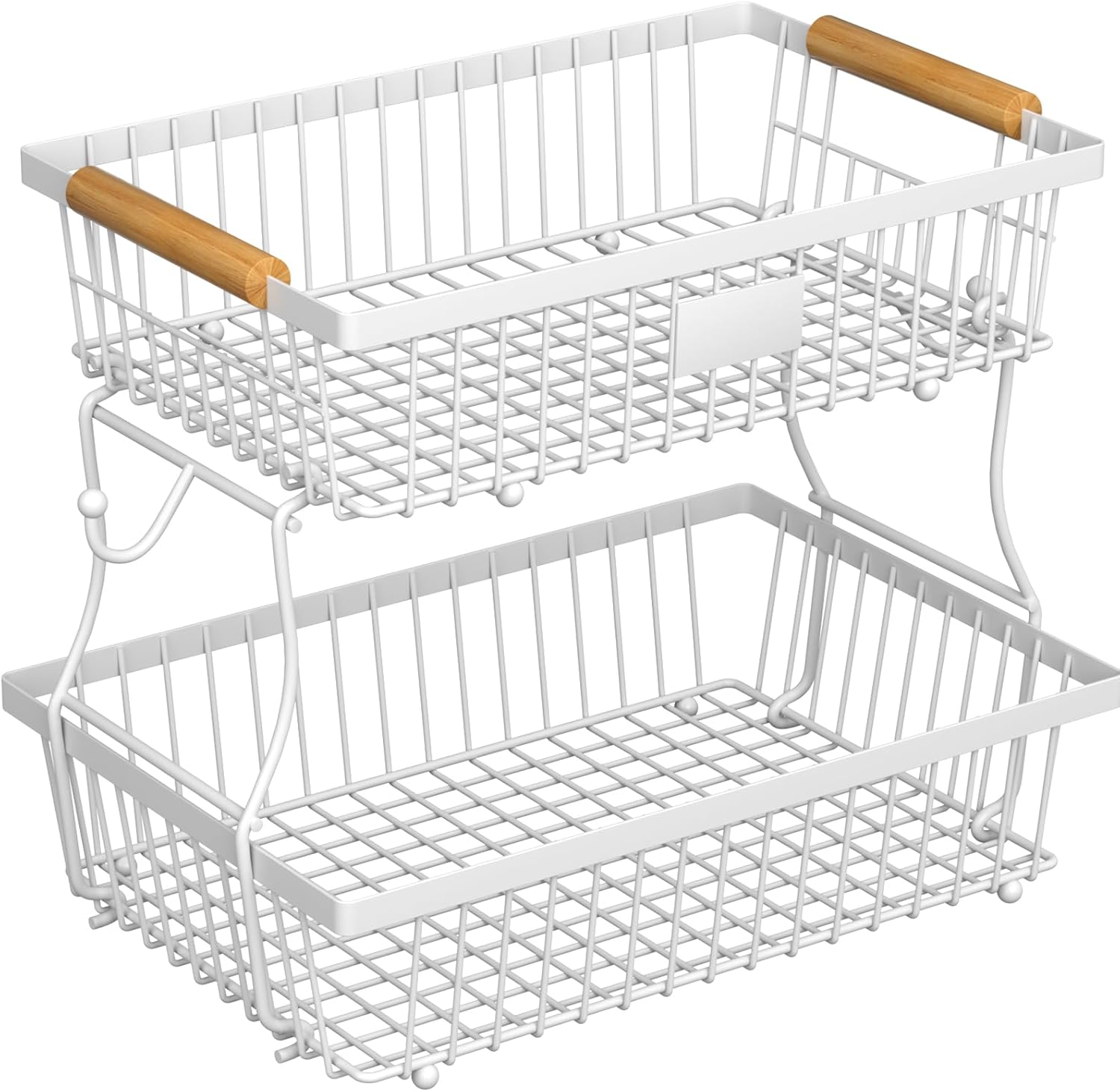 2 tier fruit basket for kitchen counter with 2 banana hangers, countertop metal bread basket with wooden handle, large storage stand for vegetables, snacks, eggs, produce storage – white white 2 tier