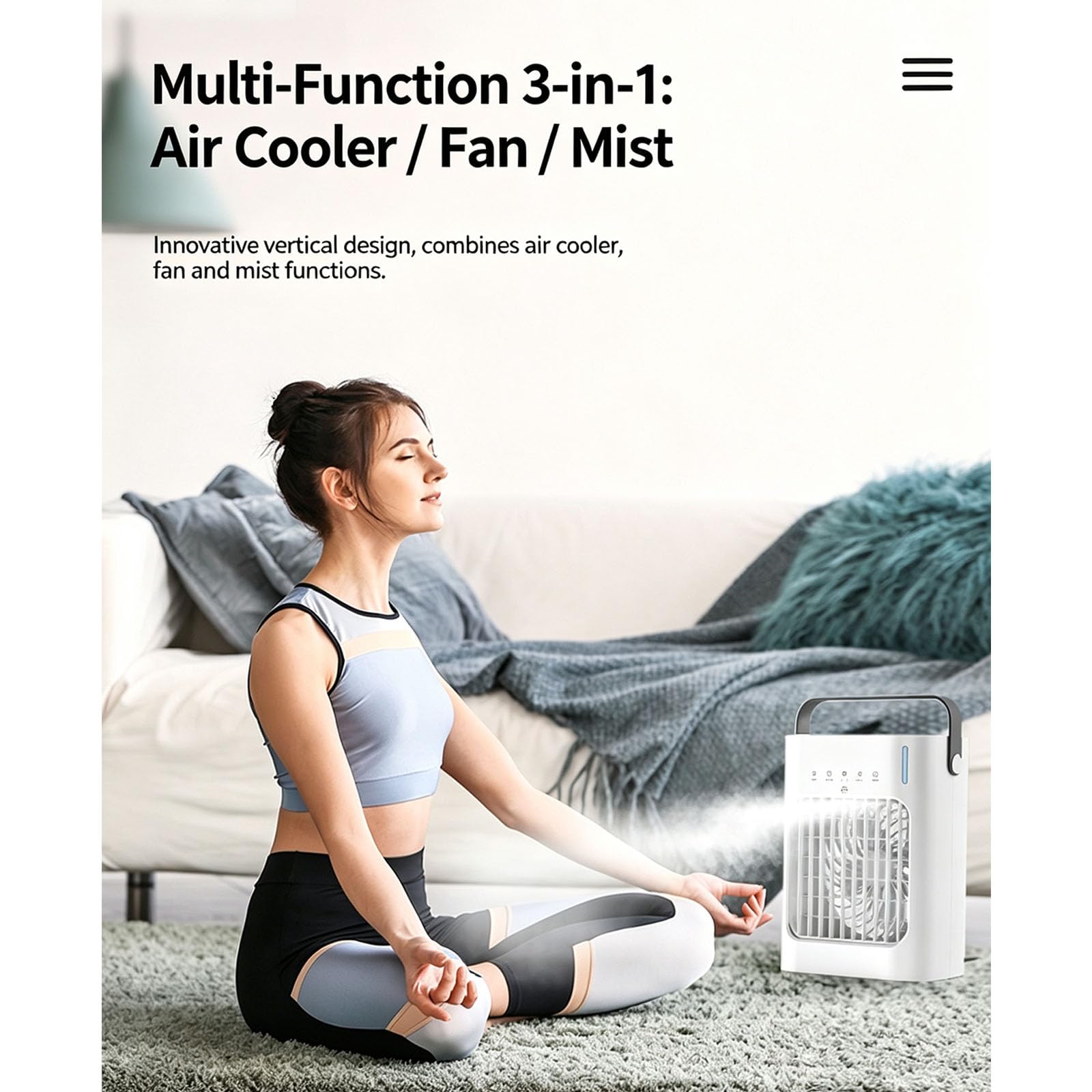 Ventilateur brumisateur USB portable avec commande, Black | 3 vitesses, poignée de transport pour le refroidissement du bureau, du dortoir, du chevet et des voyages