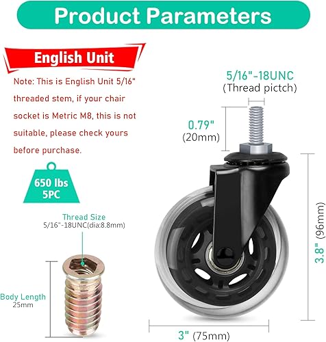 Miniatura 10 de Hirate Ruedas para silla de oficina de 2 pulgadas con vástago roscado de 516 pulgadas - 18UNC, ruedas suaves de repuesto seguras para suelos de