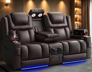 Power Loveseat Recliner Sofa, Home Theater Seating with Flip Back Console, Wall Hugger Reclining Loveseat with LED Light, USB Ports, RV Couch Movie Gaming Chair for Living Room, Gaming Room (Brown)