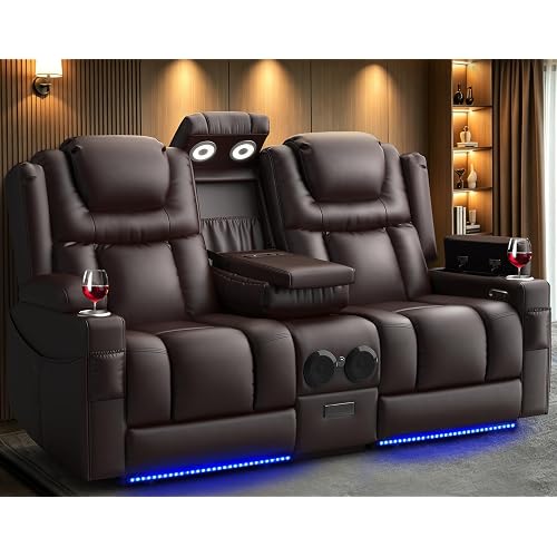 Power Loveseat Recliner Sofa, Home Theater Seating with Flip Back Console, Wall Hugger Reclining Loveseat with LED Light, USB Ports, RV Couch Movie Gaming Chair for Living Room, Gaming Room (Brown)