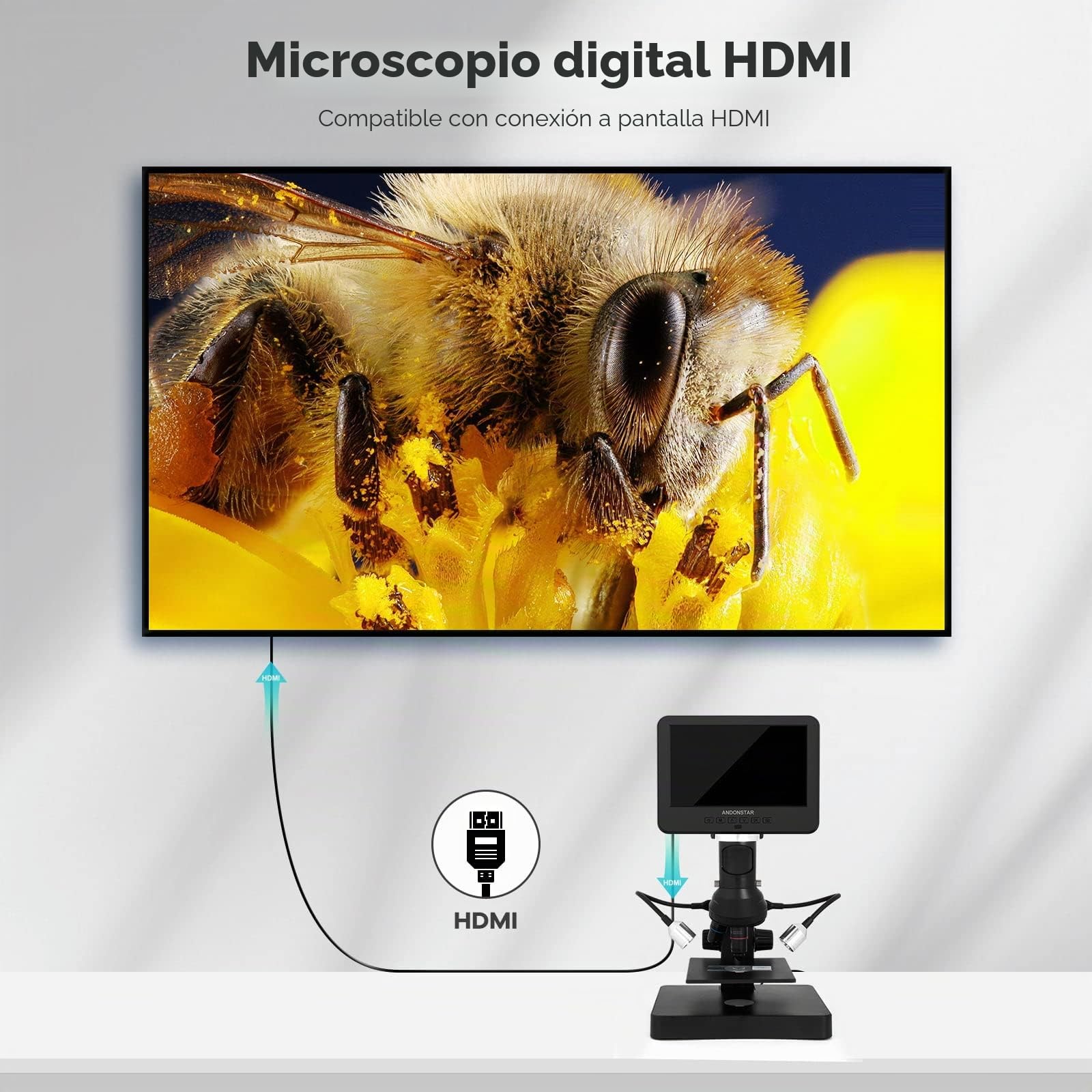 Andonstar AD246S Microscopio Digital HDMI con Pantalla de 7 Pulgadas, microscopio biológico de Tres Lentes 4000X, Kit de microscopio de Monedas para niños y Adultos, grabación de Foto/Video