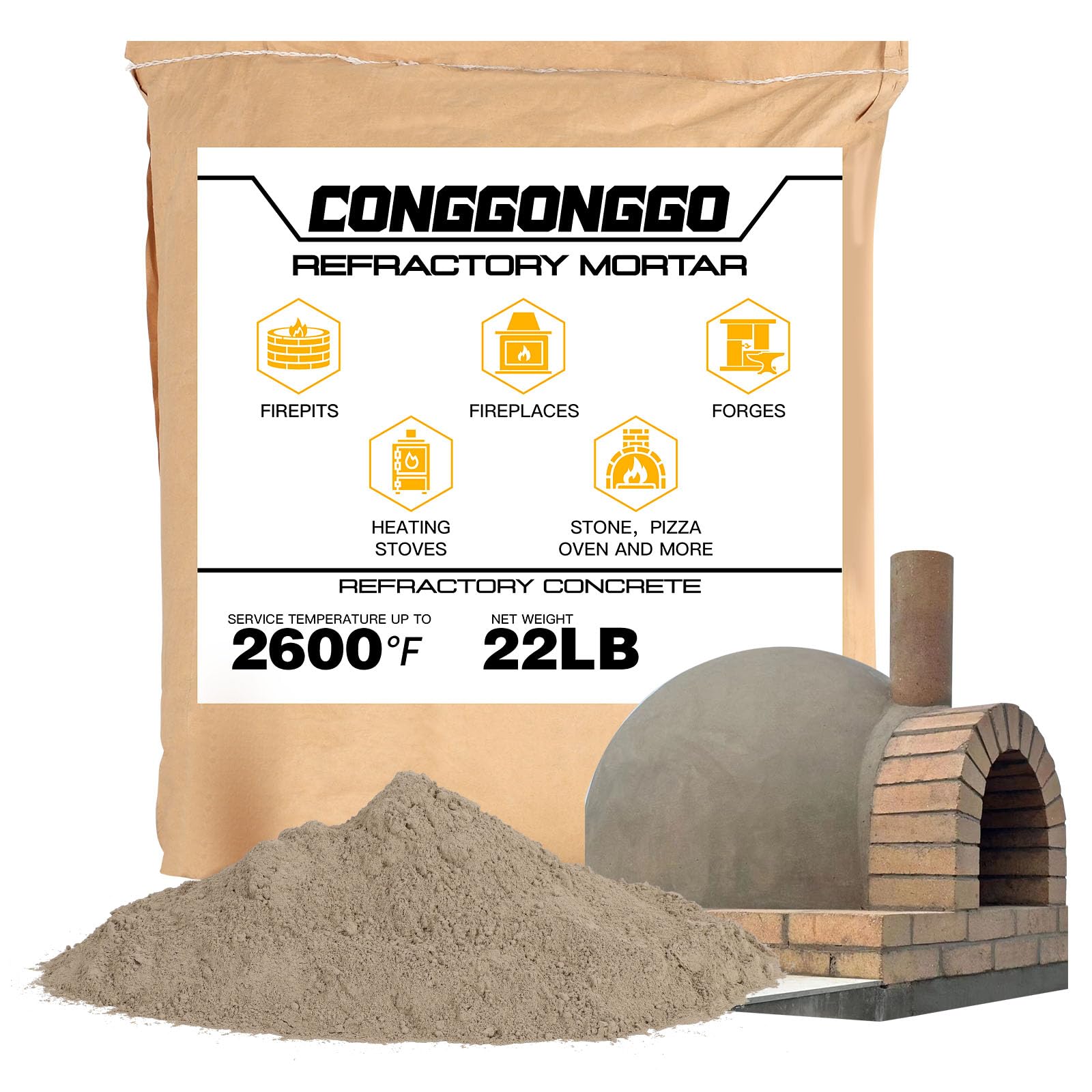22 lb Masonry Refractory Mortar Rated 2600°F – Fireplace Brick, Pizza Oven | No Heat Cure. Just add water & mix. Trowel into joints & flues. For