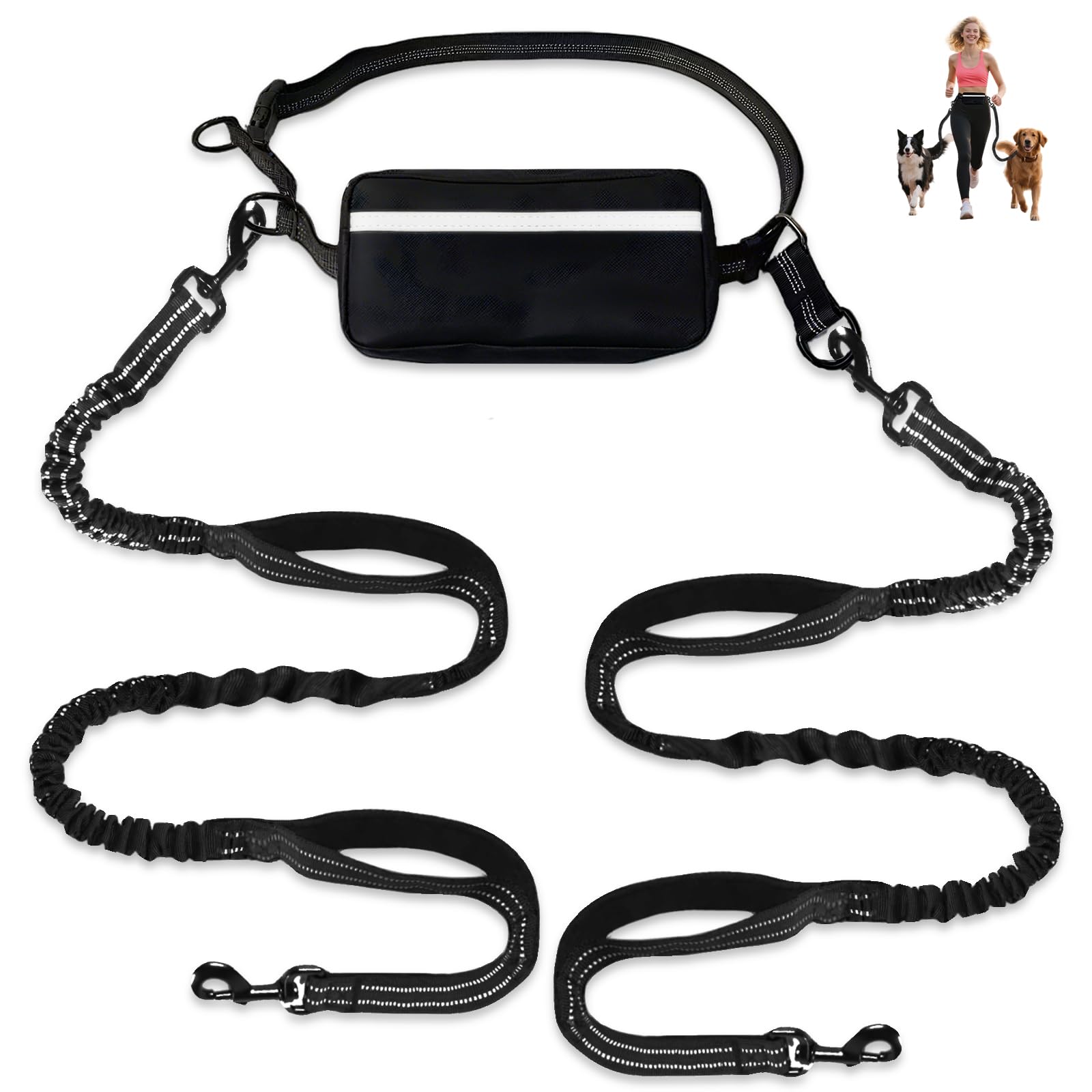 TAIMUTTAL Hands Free Dog Leash for 2 Dogs with Waist Belt & Large Pouch, Waist Leash for Dog Walking, Running & Hiking, Double Retractable Dog Leashes for Medium/Large Dogs with Dual Handles, Black