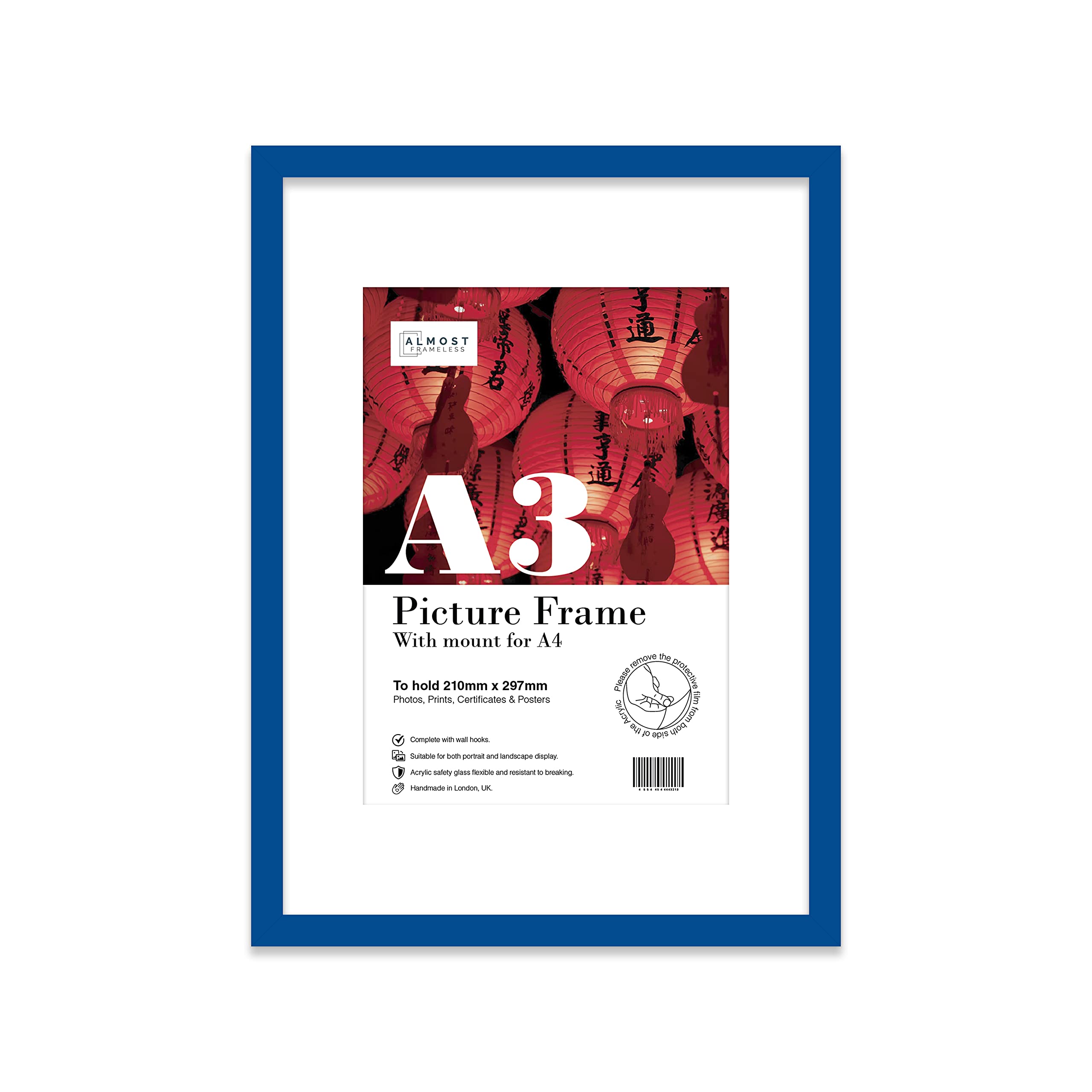 Almost Frameless A3 Blue Picture Frame With White Mount for A4 (21 x 29.7cm -8.3 x 11.7in) Print, Photo, or Poster. Portrait and Horizontal Wall Hooks