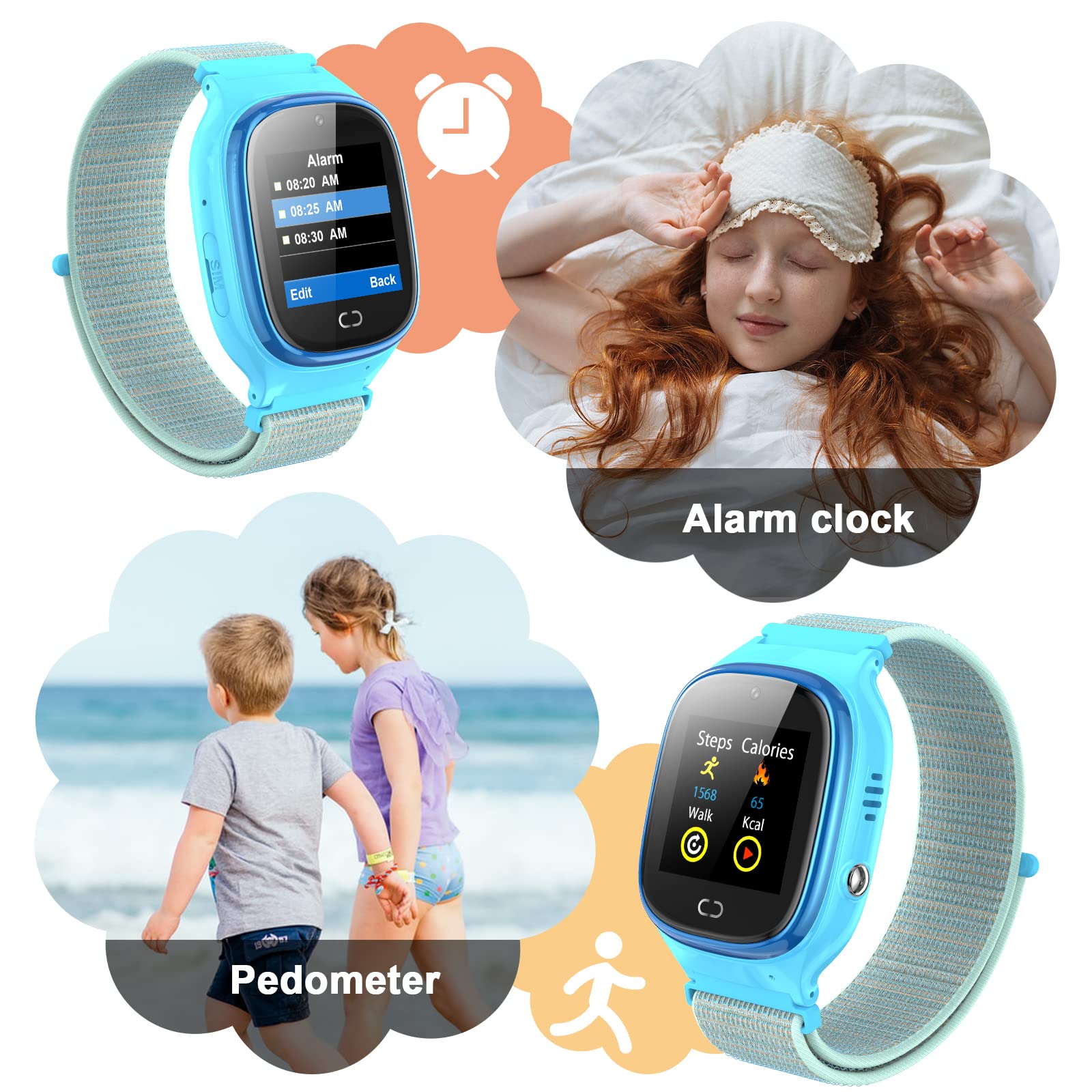 PTHTECHUS GPS Kids Smartwatch Phone per Impermeabile, GPS Localizzatore di tracciamento con Chat Vocale, Sveglia SOS per Il Gioco di Matematica Bambini Smart Watch, Regalo Ragazzo e Ragazza, Blu