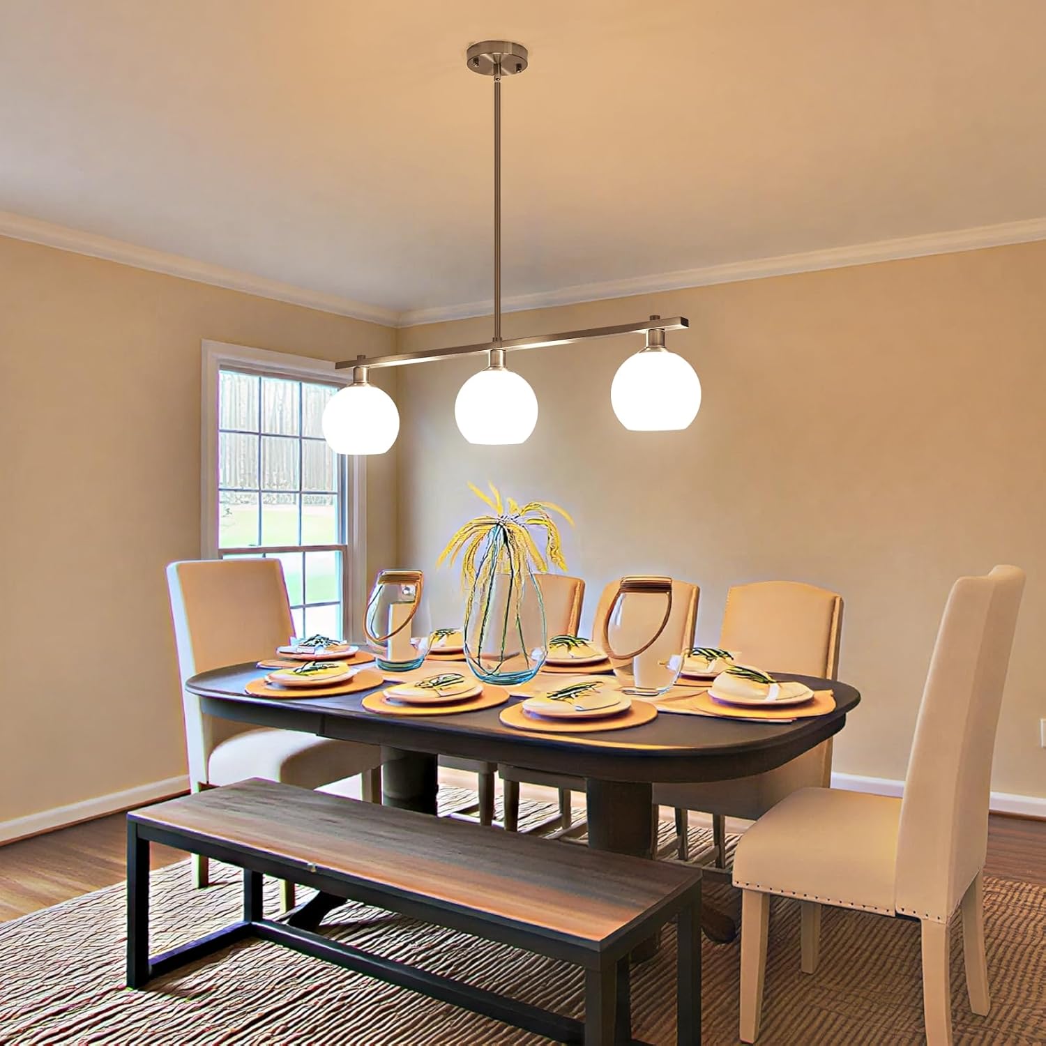 Modern Kitchen Island Lighting 3 Light Brushed Nickel Chandelier With Milk Glass Shades Farmhouse Linear Chandeliers for Dining Room Light Fixtures Over Table Hanging Pendant Lights for Living Room
