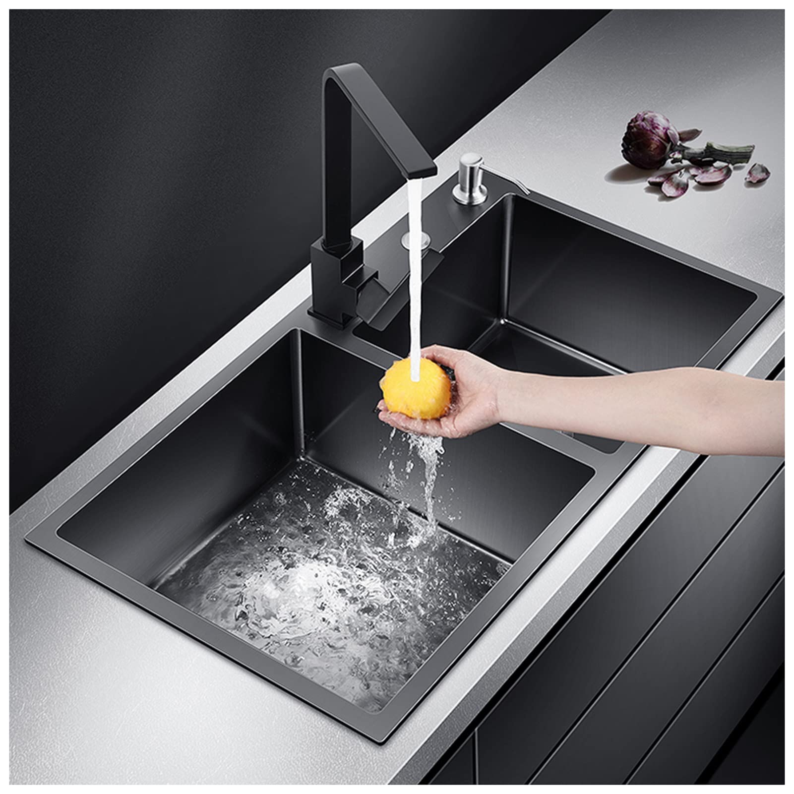 Évier de cuisine nano noir premium à double cuve en inox avec robinet