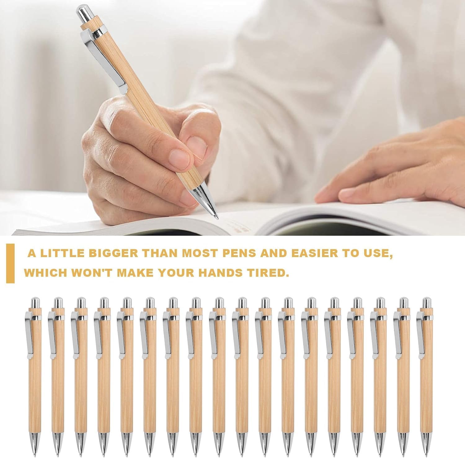 Confezione da 100 penne a sfera retrattili in bambù, 1,0 mm, inchiostro blu, scrittura liscia, per ufficio, scuola, uso quotidiano e come regalo